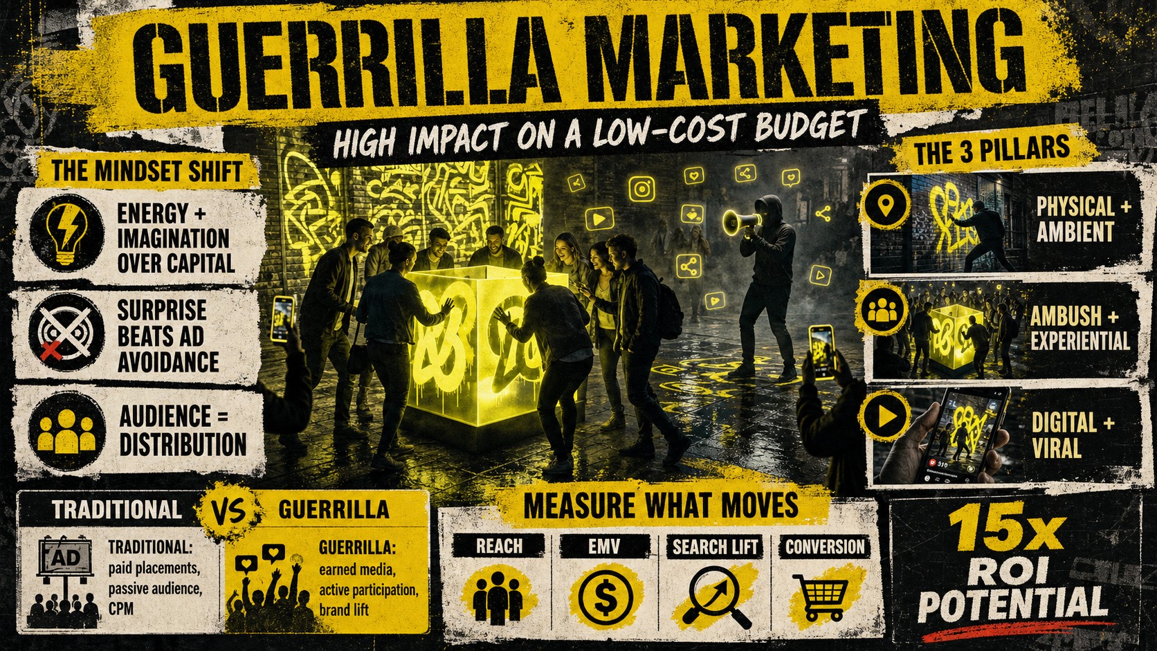 Guerrilla marketing at a glance, a full-page summary of the mindset vs traditional advertising, the three pillars of guerrilla tactics (physical outdoor and indoor, ambush and experiential, digital and viral), and a 15x ROI potential callout. Compares traditional vs guerrilla on media, interaction, and measurement.