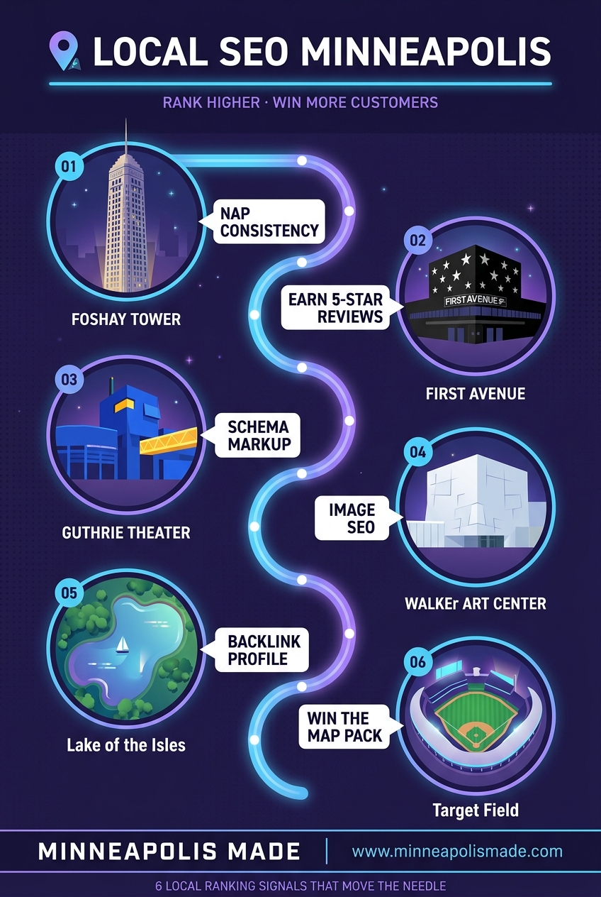Local SEO Minneapolis tour map with 6 ranking signals: Foshay Tower NAP consistency, First Avenue 5-star reviews, Guthrie Theater schema markup, Walker Art Center image SEO, Lake of the Isles backlink profile, Target Field map pack
