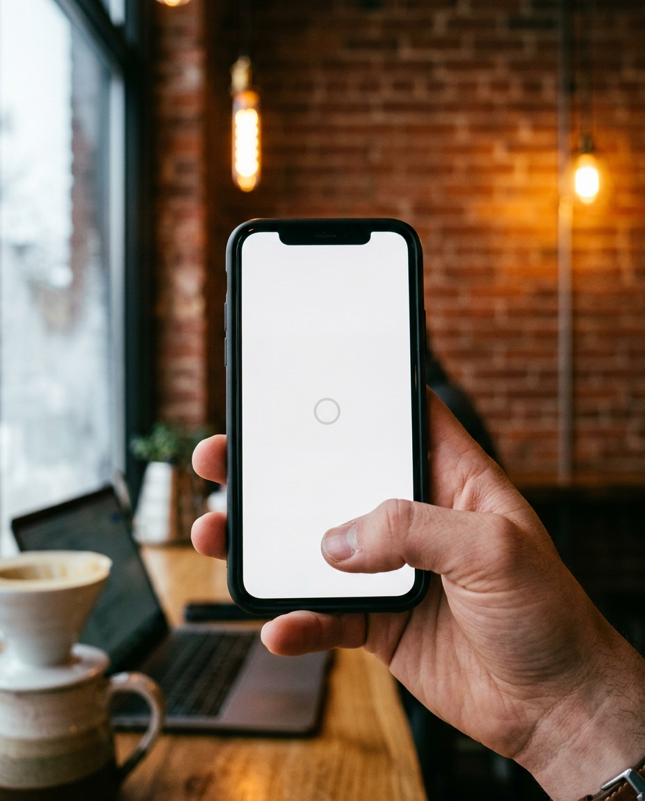 A customer holds a smartphone showing a blank loading spinner inside a warm Minneapolis coffee shop, the moment before they give up and leave a slow website.