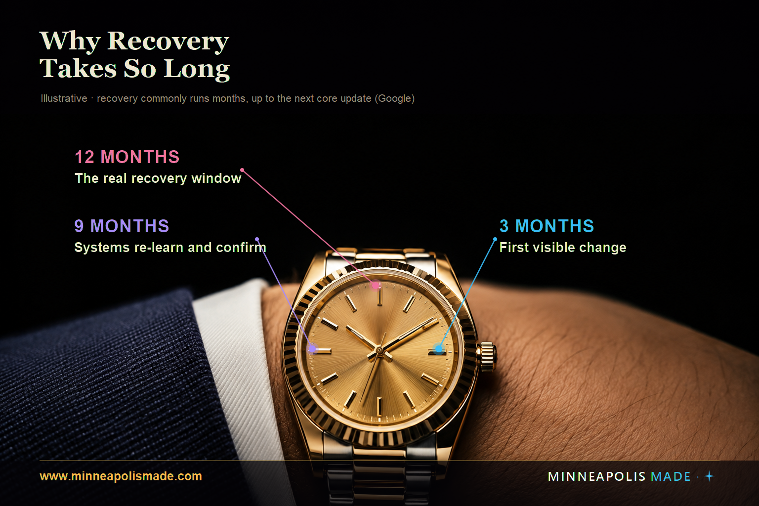 Timeline of Google ranking recovery after a quality decline: a few days for first visible change, several months for systems to re-confirm, and often not until the next core update for a full rebound.