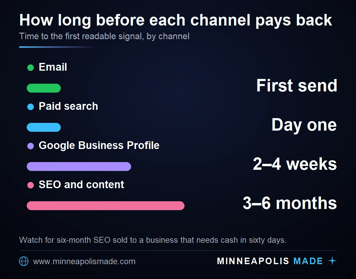 Timeline chart of how long each digital marketing channel takes to produce a readable signal: email on the first send, paid search from day one with data in two weeks, Google Business Profile in a few weeks, and SEO and content in three to six months