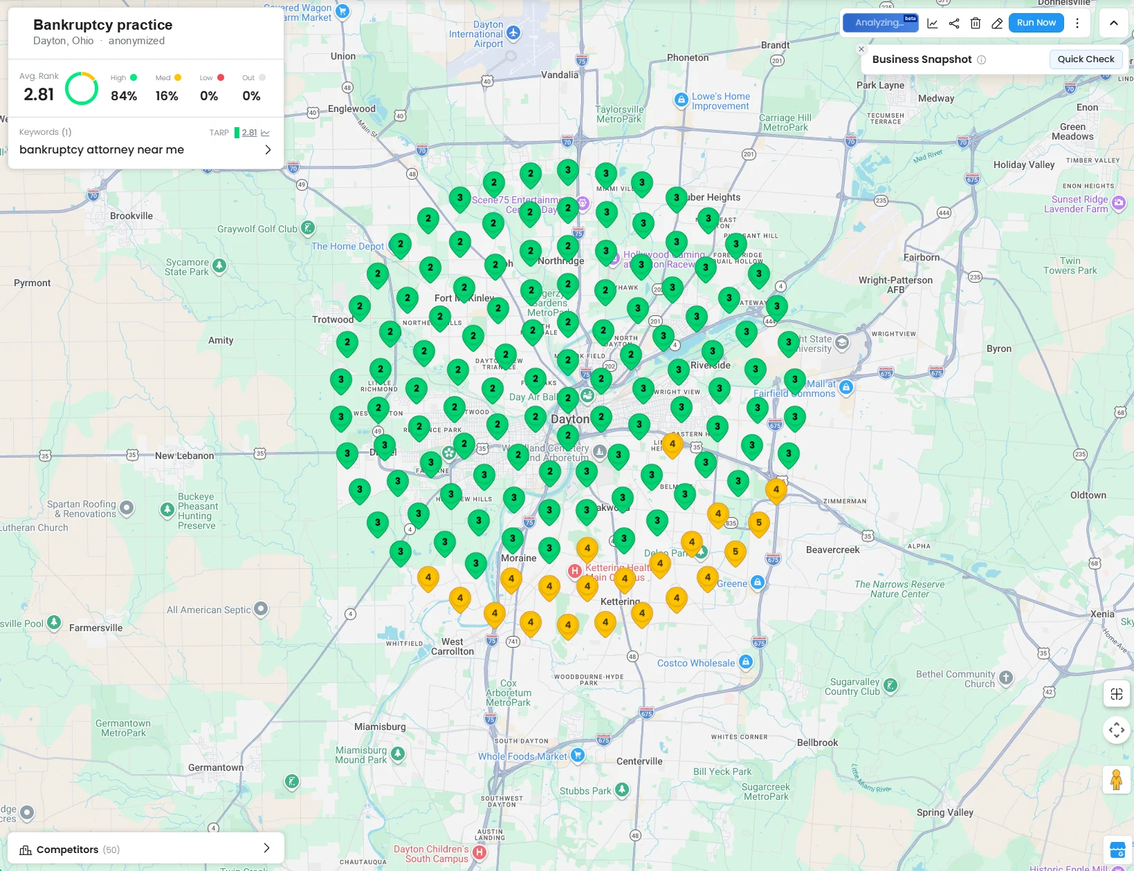 Anonymized geo-grid rank scan for a Dayton Ohio bankruptcy practice searching bankruptcy attorney near me, showing green rankings of two and three across the entire metro with a small band of yellow fours and fives to the south, average rank 2.81 with 84 percent high rankings