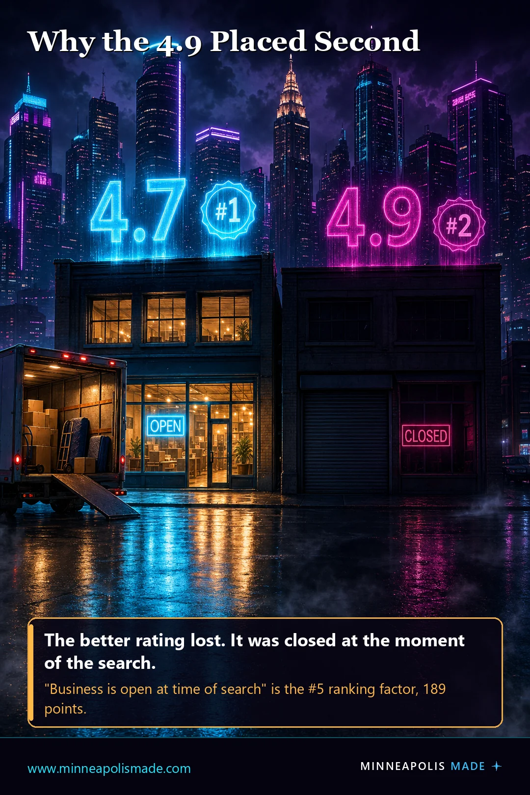 Neon cyberpunk illustration of two moving company storefronts on a rain-slicked street: the lit and busy one rated 4.7 marked OPEN and ranked number one, the dark shuttered one rated 4.9 marked CLOSED and ranked number two, because business open at time of search is the number five ranking factor at 189 points