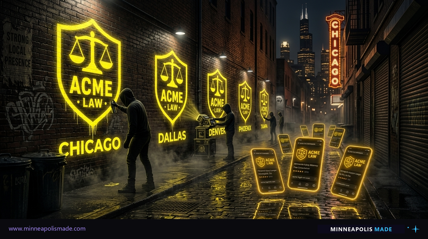 Cinematic concept illustration of brand-shield theft: a gritty wet brick alley at night, hooded figures stenciling and projecting identical amber-yellow ACME LAW shield logos onto the alley wall with different city names dripping in paint underneath (CHICAGO, DALLAS, DENVER, PHOENIX, TAMPA), glowing amber phone mockups of templated law firm websites on the wet cobblestones, illustrating how vendor microsite networks copy a law firm's brand identity across dozens of cities