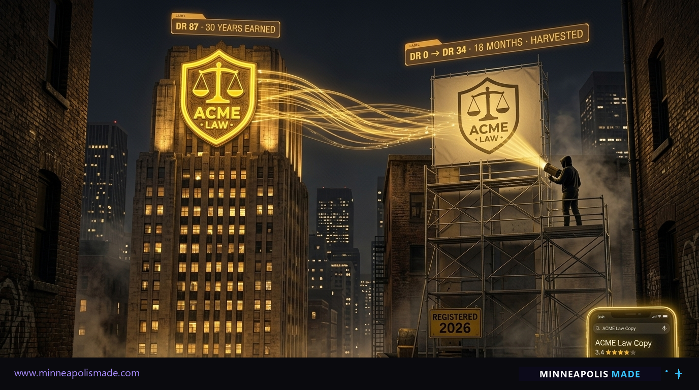 Cinematic concept illustration of domain authority harvesting as direct brand-shield copying: a weathered art-deco stone tower on the left with a massive glowing amber-yellow ACME LAW shield mounted on its façade (the firm's earned authority), a flimsy scaffolded tower on the right where a hooded figure operates a beam projector that copies the same ACME LAW shield onto a blank canvas panel, dozens of amber light streams flowing across the gap between the two shields, floating HUD labels reading 'DR 87 30 YEARS EARNED' over the stone tower and 'DR 0 to DR 34 18 MONTHS HARVESTED' over the scaffold, REGISTERED 2026 construction sign, illustrating how vendor microsites harvest decades of accumulated brand equity by copying a law firm's brand identity onto domains the vendor controls