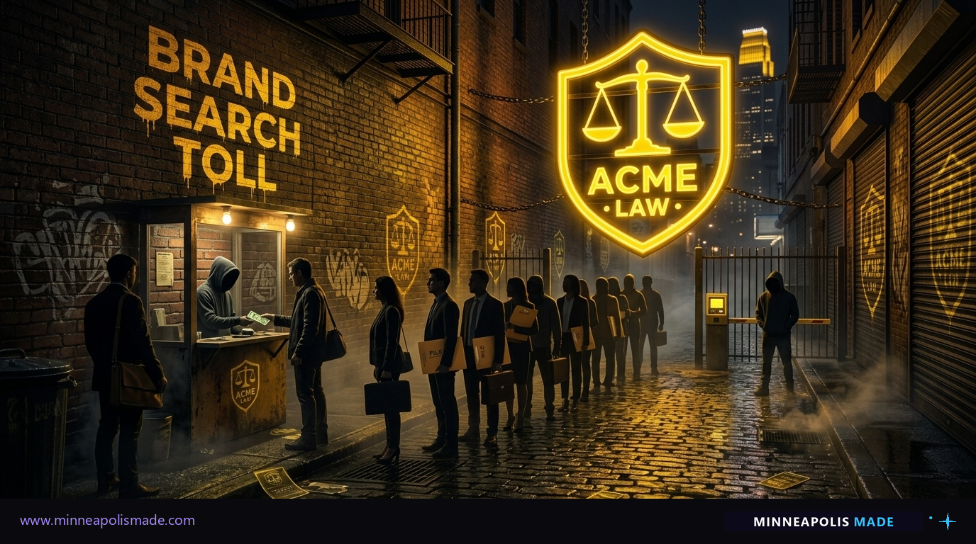 Cinematic concept illustration of brand-search interception as a protection racket: a massive amber-yellow ACME LAW shield logo suspended on chains over a clandestine alley payment booth, a hooded figure inside the booth collecting cash, a line of anonymous consumer silhouettes carrying briefcases and folders queued up to pay before passing under the shield, 'BRAND SEARCH TOLL' stenciled in dripping amber paint on the brick wall, illustrating how vendor-owned microsites build a tollbooth on a law firm's own brand searches
