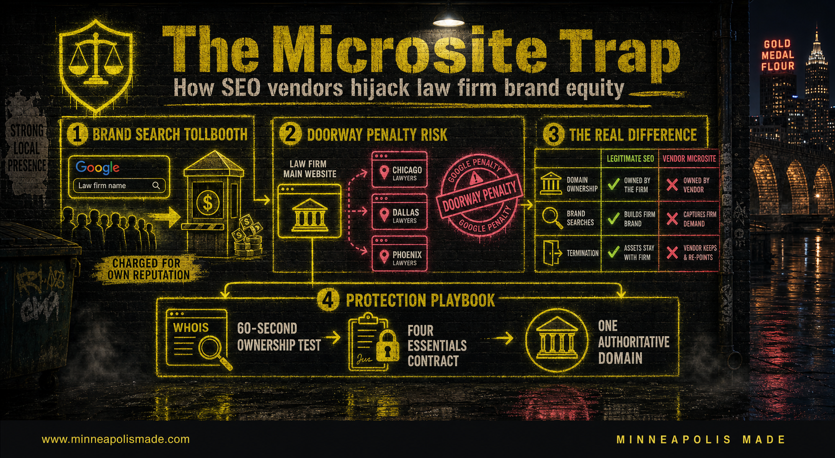 Cinematic amber-noir editorial infographic titled 'The Microsite Trap: How SEO vendors hijack law firm brand equity.' Four numbered sections. (1) Brand Search Tollbooth: a searcher types the law firm name into Google, hits a vendor-controlled tollbooth, and is billed for traffic created by the firm's own reputation. (2) Doorway Penalty Risk: a law firm main website plus templated city microsites (Chicago Lawyers, Dallas Lawyers, Phoenix Lawyers) all marked with Google Penalty stamps. (3) The Real Difference, a comparison table contrasting Legitimate SEO versus Vendor Microsite across Domain Ownership (owned by the firm vs owned by the vendor), Brand Searches (build the firm's brand vs capture brand demand for the vendor), and Termination (firm keeps assets vs vendor keeps domains, rankings, and footprints). (4) Protection Playbook: a 60-second WHOIS ownership test feeds into a Four Essentials contract clause checklist that leads to one authoritative firm-owned domain. Whole graphic sits in a wet brick alley with amber and yellow neon, Stone Arch Bridge silhouette behind, Minneapolis Made brand footer along the bottom edge. Functions as a visual TL;DR of the entire article.