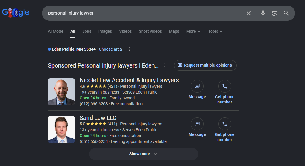 Google Local Services Ad for personal injury lawyers in Eden Prairie, showing two sponsored law firms with 4.9 and 5.0 star ratings, 421 and 411 reviews, years in business, and Message and Get phone number buttons