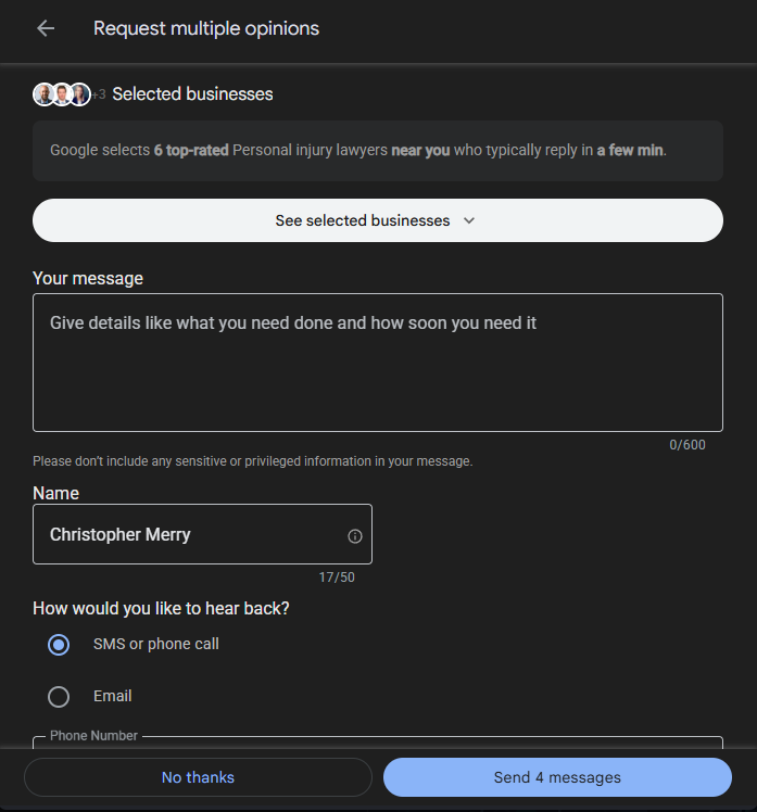 Google Local Services Ads Request multiple opinions panel, showing that Google selects 6 top-rated personal injury lawyers who typically reply in a few minutes, a single shared message box, contact preference options, and a Send 4 messages button