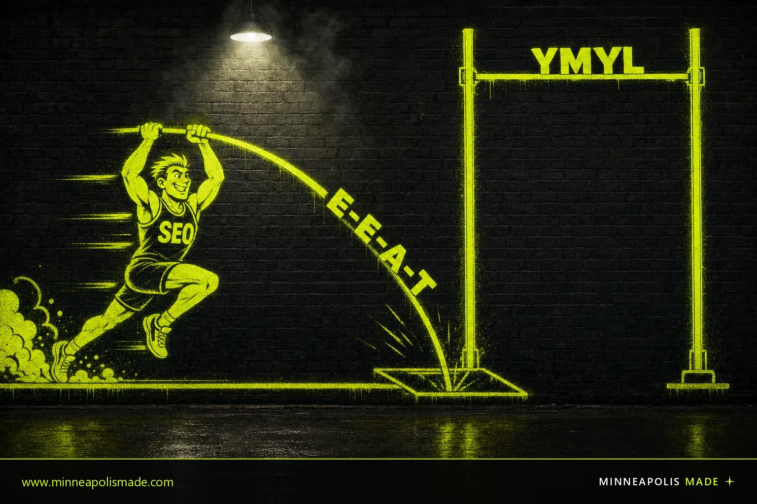 Cartoon pole vaulter in an SEO jersey using an E-E-A-T pole to clear a YMYL crossbar, showing that E-E-A-T is the tool and YMYL sets the height of the bar