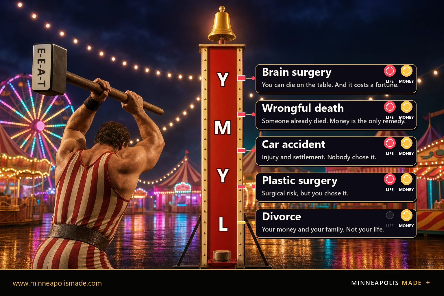 Carnival high striker where an E-E-A-T mallet must ring a YMYL bell. Rungs rise from divorce (money only) through plastic surgery, car accident and wrongful death to brain surgery, which risks both life and money
