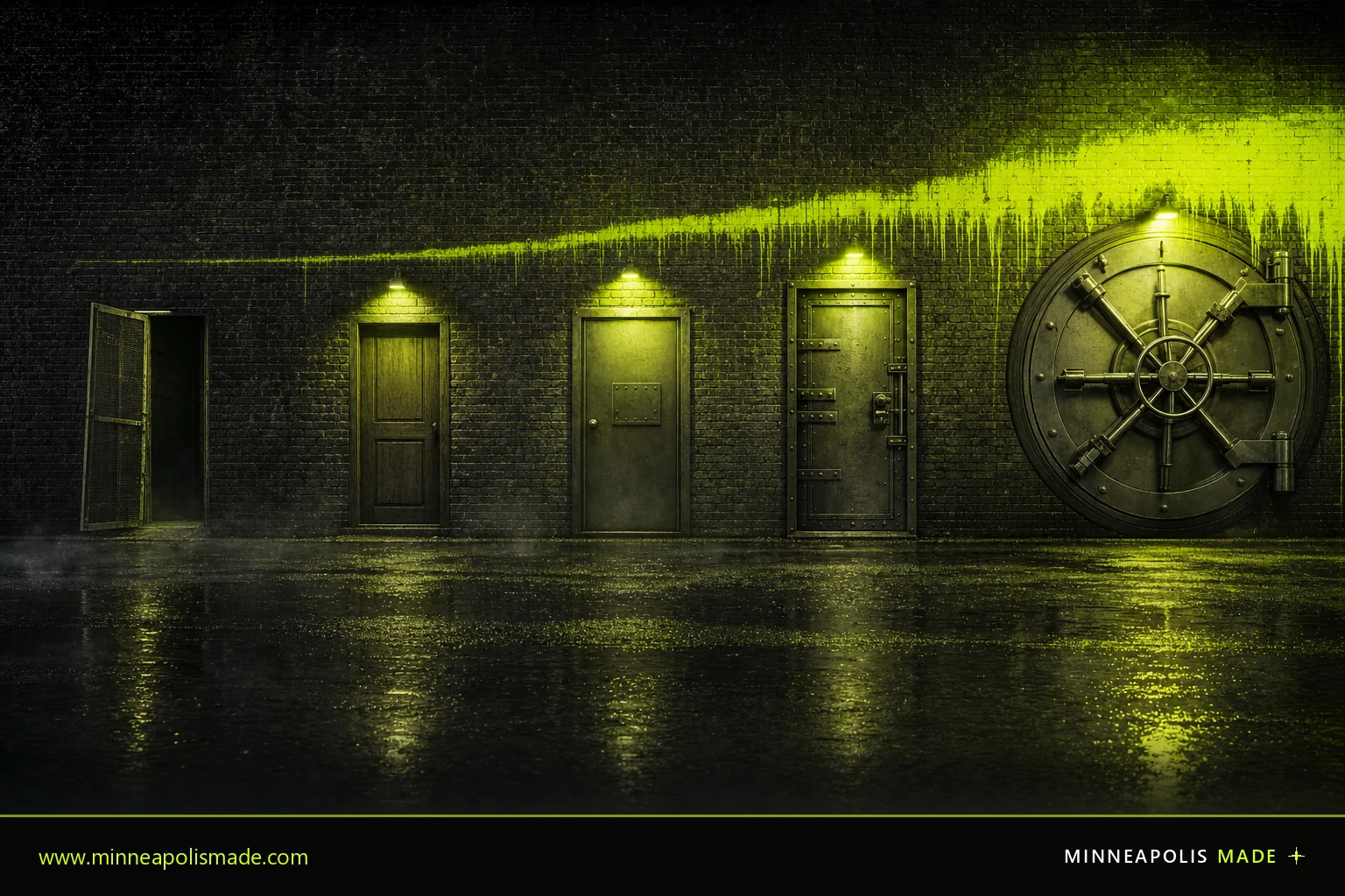 Five doorways in one wall escalating from an open screen door to a sealed bank vault, showing YMYL as a topical spectrum where the same site spans low and high stakes