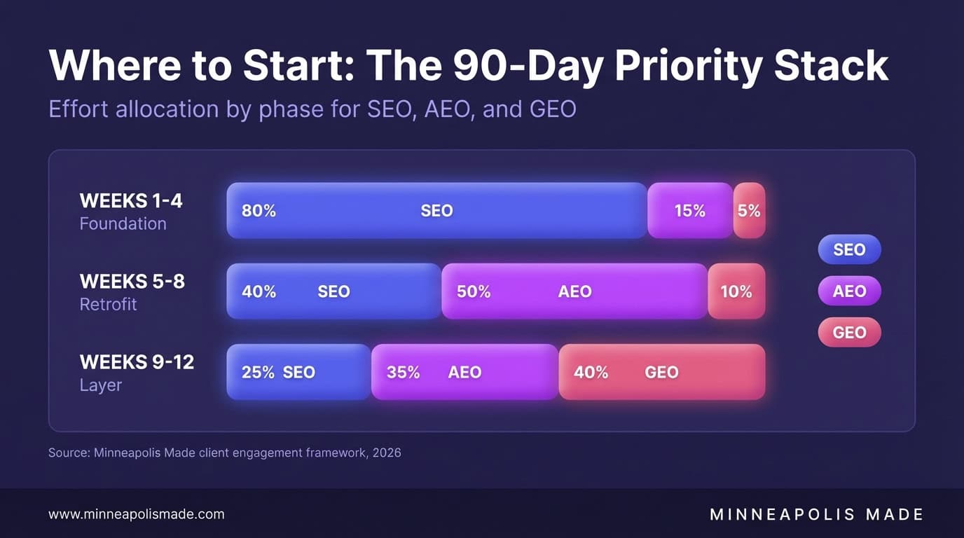Stacked bar chart showing the 90-day priority stack for SEO, AEO, and GEO: Weeks 1-4 focus 80% on SEO foundation, Weeks 5-8 shift to 50% AEO retrofit, Weeks 9-12 layer 40% GEO work.
