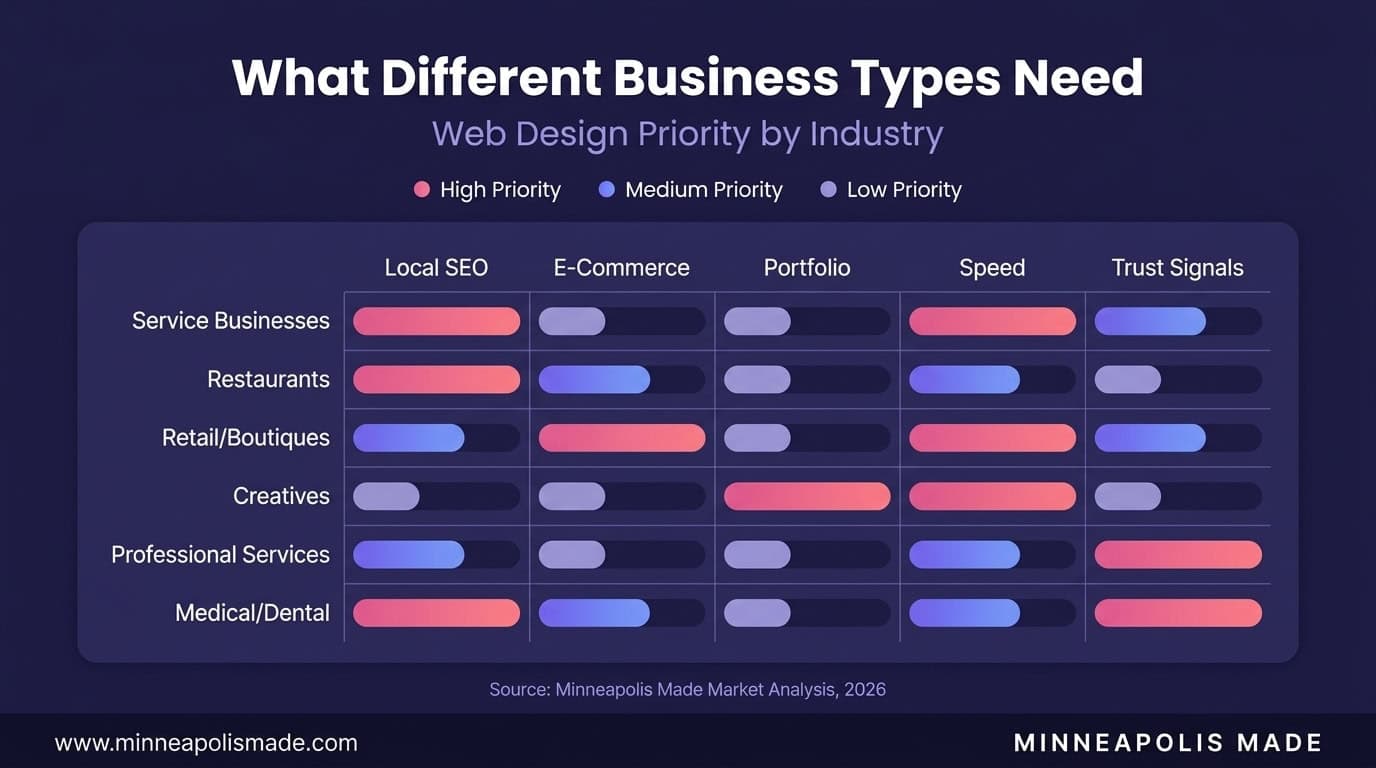 Heatmap chart showing web design priorities by business type: service businesses prioritize Local SEO and Speed, restaurants need Local SEO, retail focuses on E-Commerce and Speed, creatives prioritize Portfolio, professional services and medical practices need Trust Signals