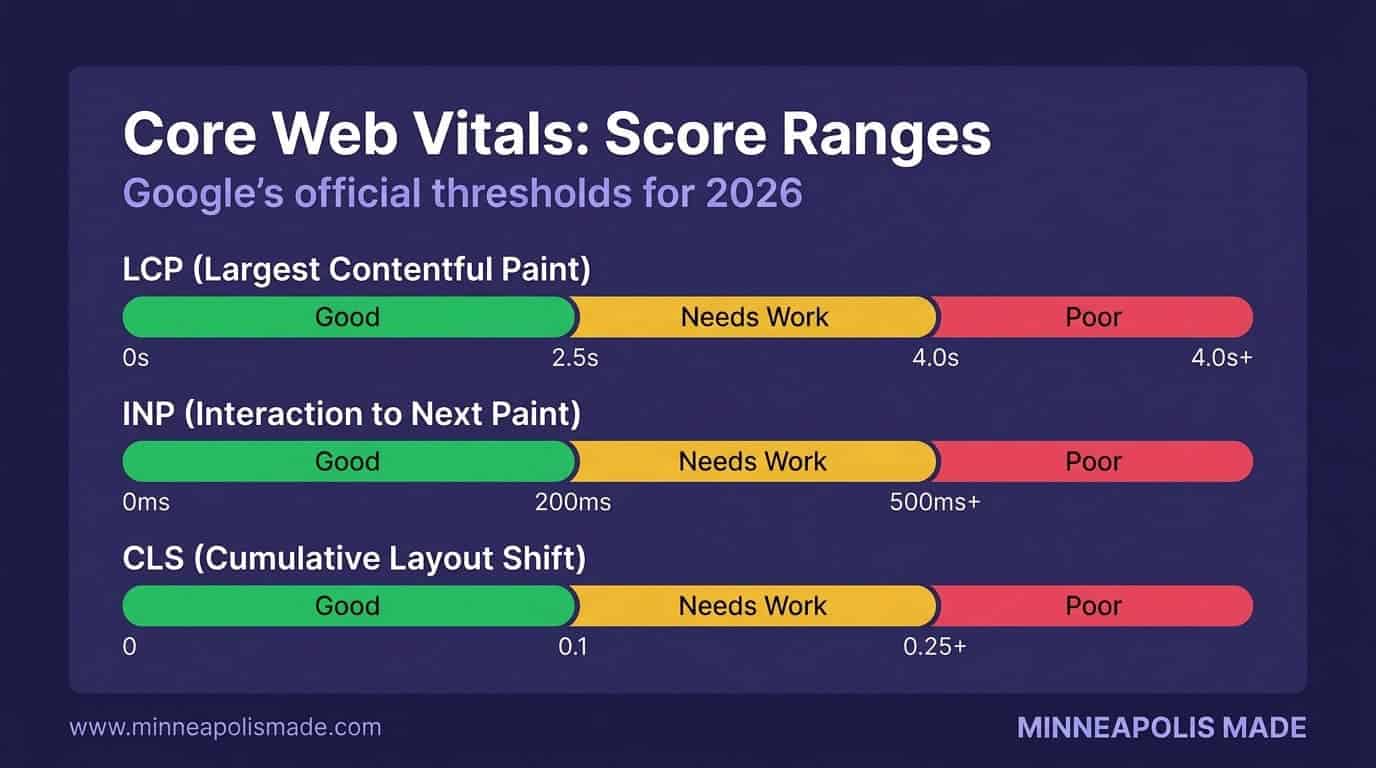 Core Web Vitals score ranges showing Google thresholds: LCP good under 2.5 seconds, INP good under 200 milliseconds, CLS good under 0.1