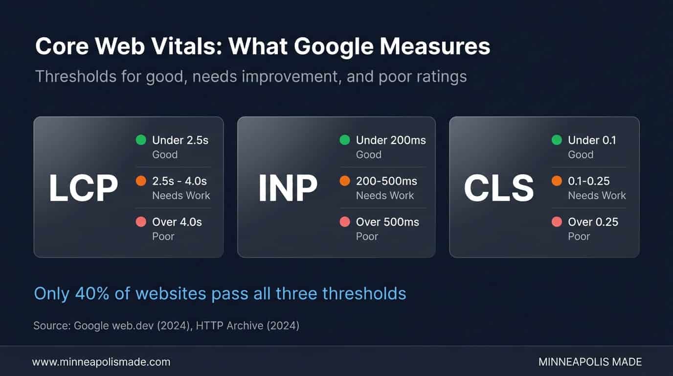 Core Web Vitals thresholds: LCP under 2.5s good, INP under 200ms good, CLS under 0.1 good. Only 40% of websites pass all three.