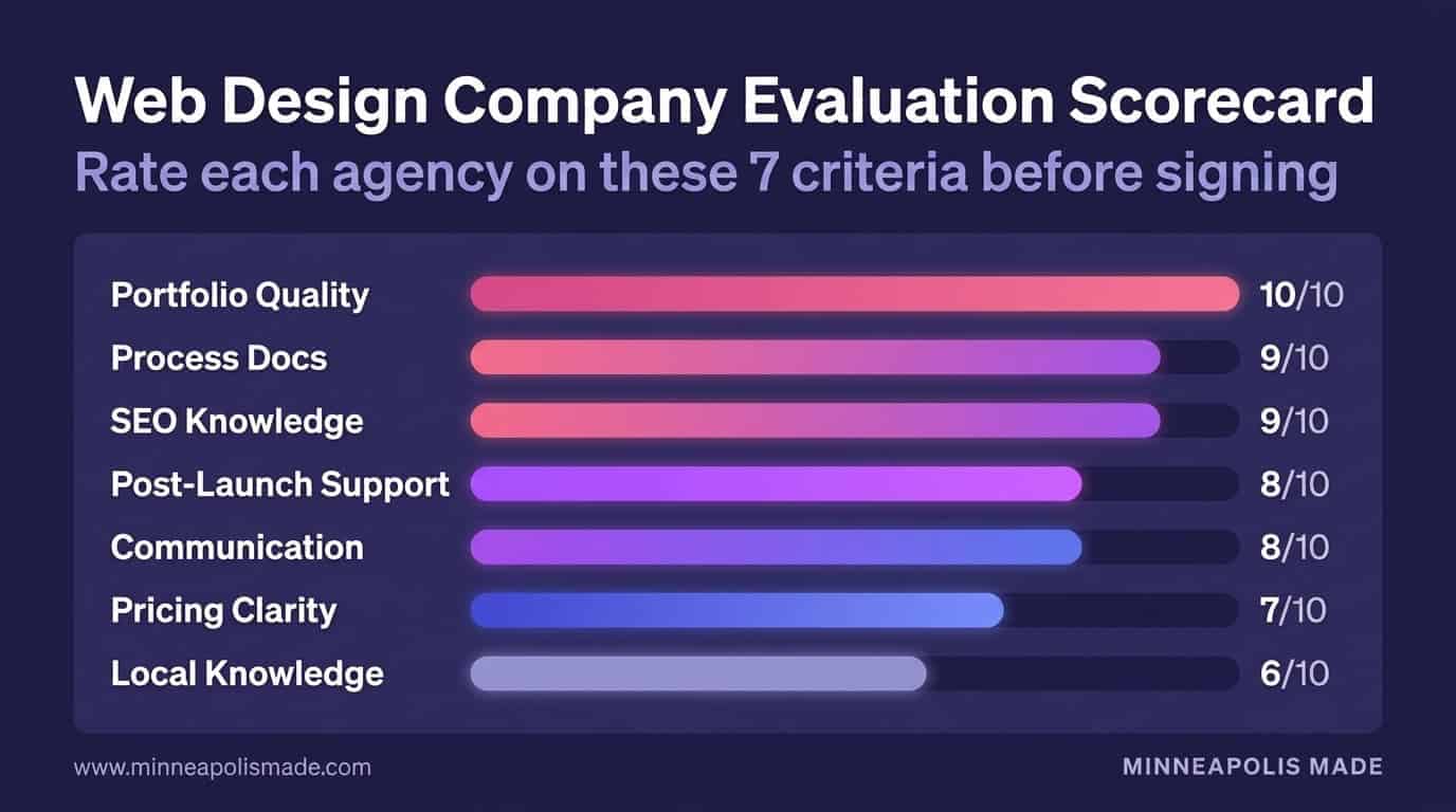 Web design company evaluation scorecard rating 7 criteria: portfolio quality 10/10, process documentation 9/10, SEO knowledge 9/10, post-launch support 8/10, communication 8/10, pricing transparency 7/10, local market knowledge 6/10