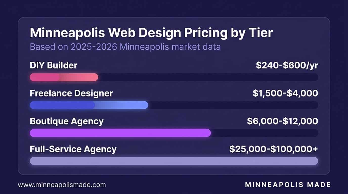 Minneapolis web design pricing by tier: DIY builders $240-$600 per year, freelancers $1,500-$4,000, boutique agencies $6,000-$12,000, full-service agencies $25,000-$100,000 plus