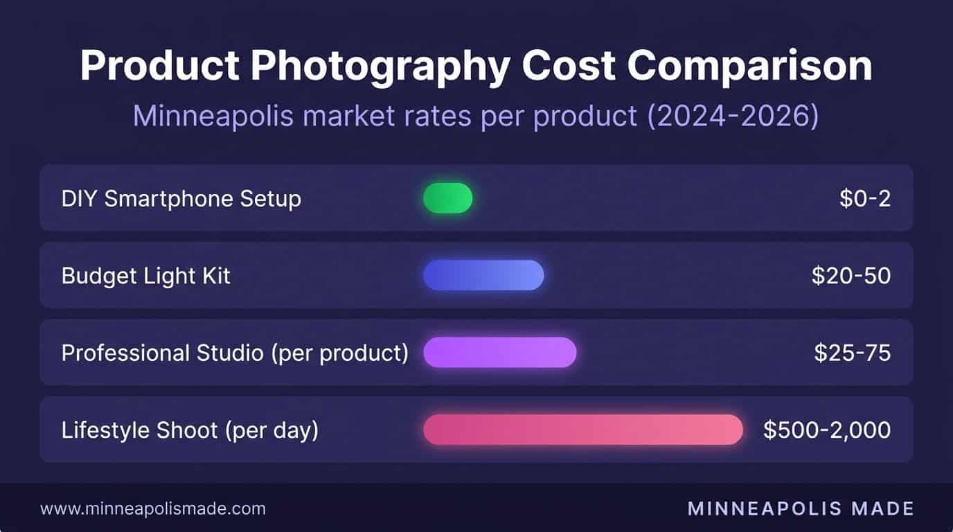 Product photography cost comparison: DIY smartphone 0-2 dollars, budget kit 20-50 dollars, professional studio 25-75 dollars per product, lifestyle shoot 500-2000 dollars per day in Minneapolis