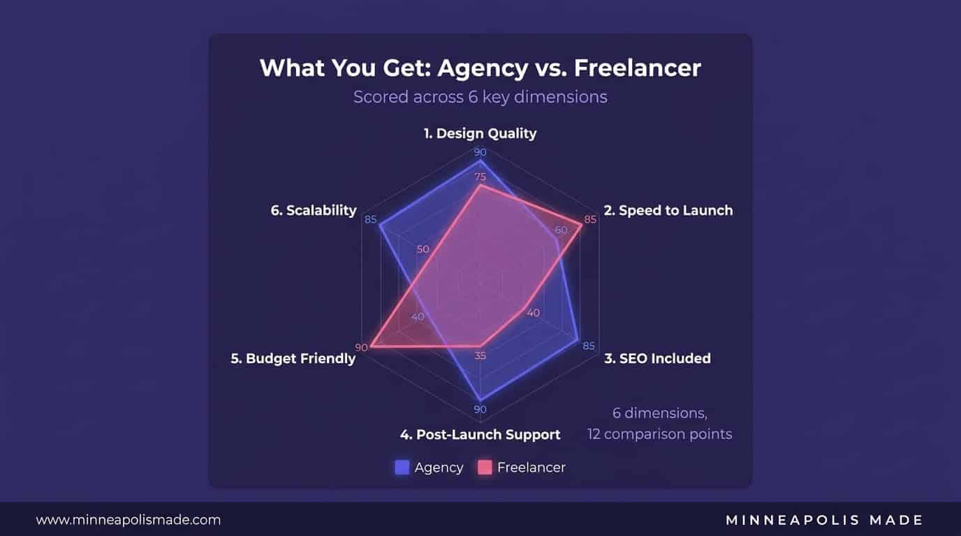 Radar chart comparing agency and freelancer strengths: agencies lead in design quality, SEO, post-launch support and scalability while freelancers lead in speed to launch and budget friendliness