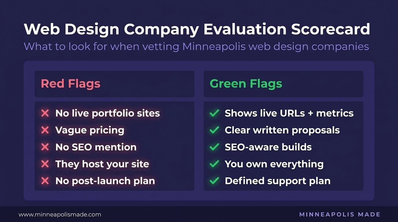 Red flags vs green flags when vetting Minneapolis web design companies: red flags include no live portfolio, vague pricing, no SEO mention; green flags include live URLs with metrics, clear proposals, SEO-aware builds