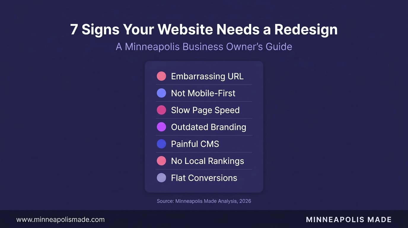 Infographic listing the 7 signs your Minneapolis website needs a redesign: embarrassing URL, not mobile-first, slow page speed, outdated branding, painful CMS, no local rankings, and flat conversions