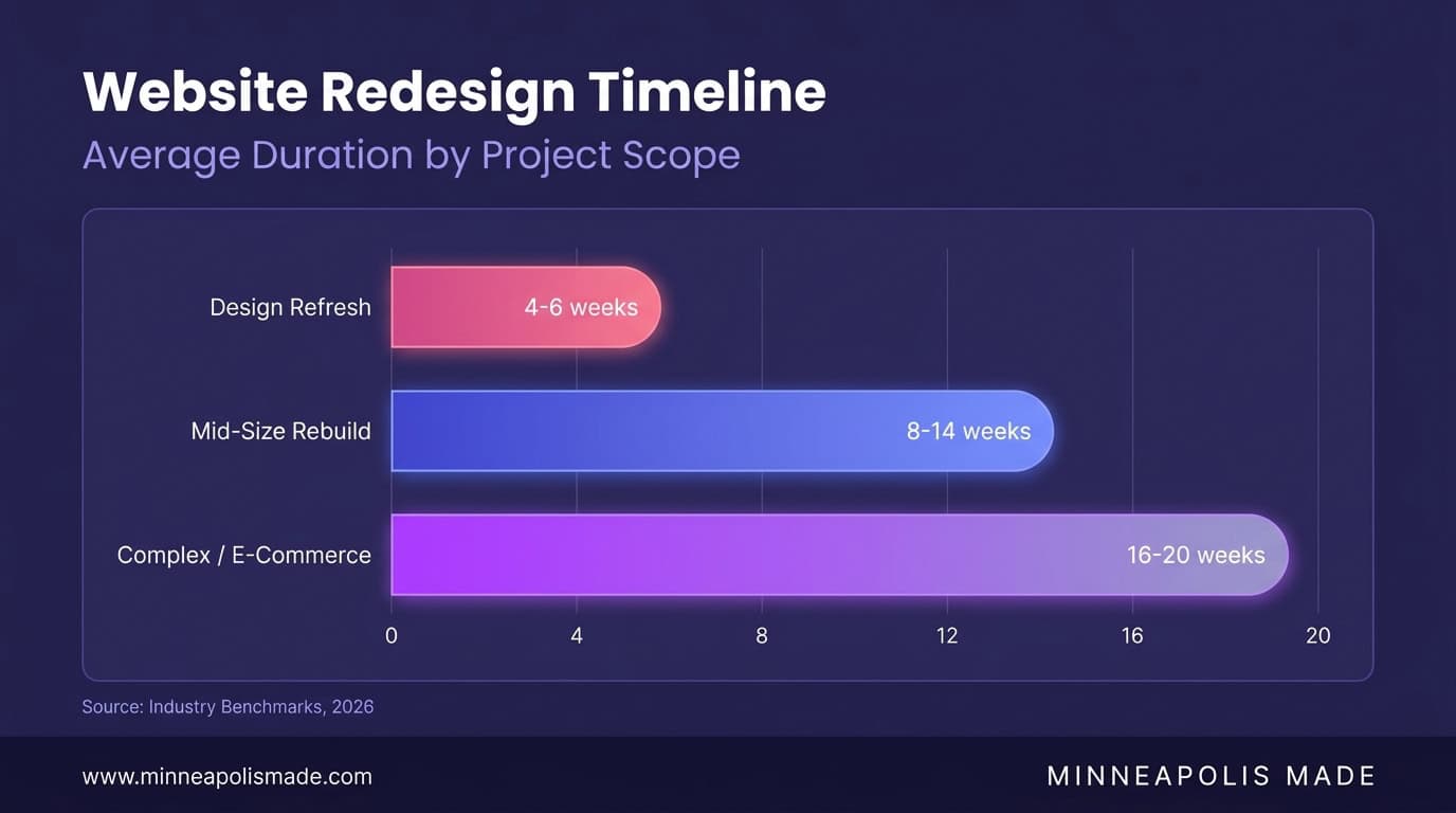 Horizontal bar chart showing website redesign timeline by project type: design refresh takes 4-6 weeks, mid-size rebuild takes 8-14 weeks, and complex e-commerce projects take 16-20 weeks