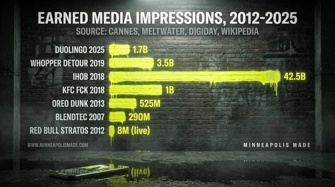 Horizontal bar chart comparing earned-media impressions from seven guerrilla campaigns 2012-2025, from Red Bull Stratos 8M concurrent viewers to Duolingo Dead Duo 1.7B impressions.