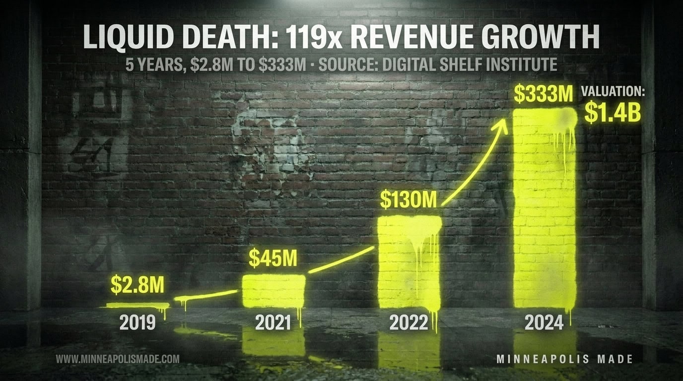 Gradient bar chart showing Liquid Death's revenue trajectory from 2.8 million dollars in 2019 to 333 million dollars in 2024, a 119x increase.