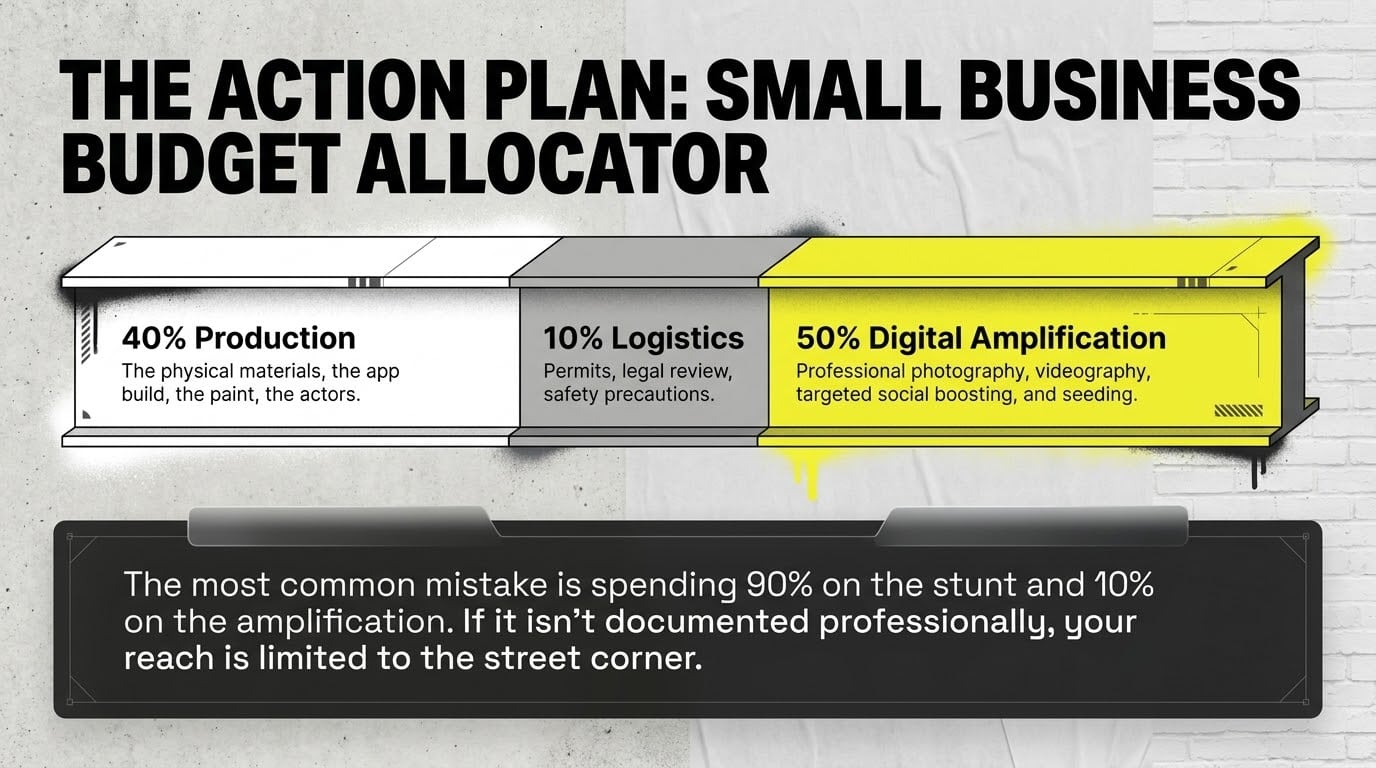 The Action Plan: Small Business Budget Allocator. Spend 40% on production, 10% on logistics, and 50% on digital amplification — the most common mistake is spending 90% on the stunt and 10% on amplification.