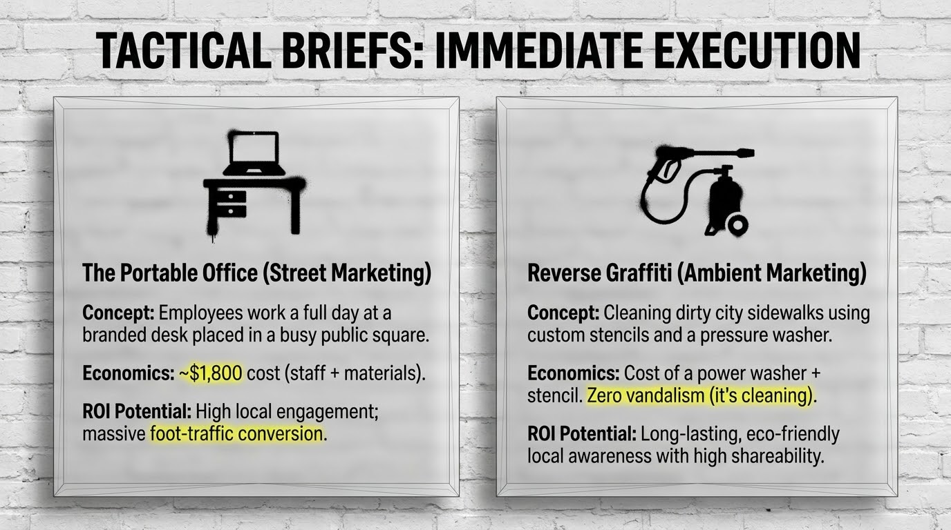 Tactical Briefs: two immediate-execution concepts. The Portable Office (street marketing, around $1,800 cost) and Reverse Graffiti (ambient marketing using pressure-washed stencils, zero vandalism).