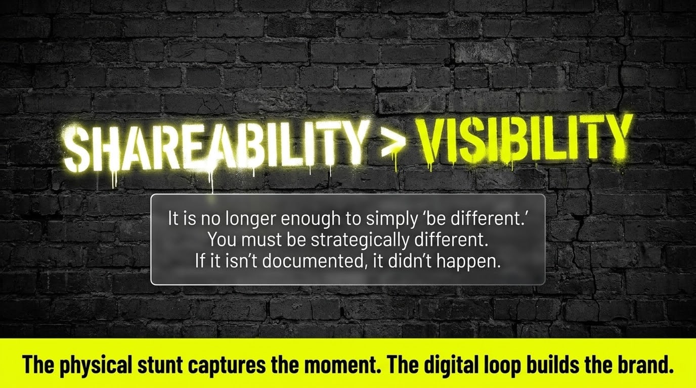 Closing card: Shareability is greater than visibility. The physical stunt captures the moment; the digital loop builds the brand.