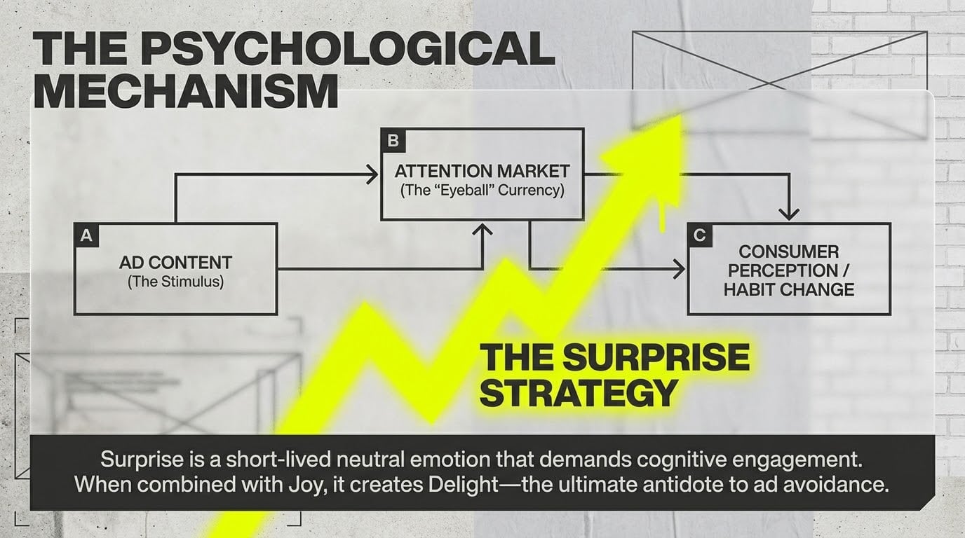 The Psychological Mechanism: the Surprise Strategy. Flow from ad content (stimulus) to the attention market (eyeball currency) to consumer perception and habit change.