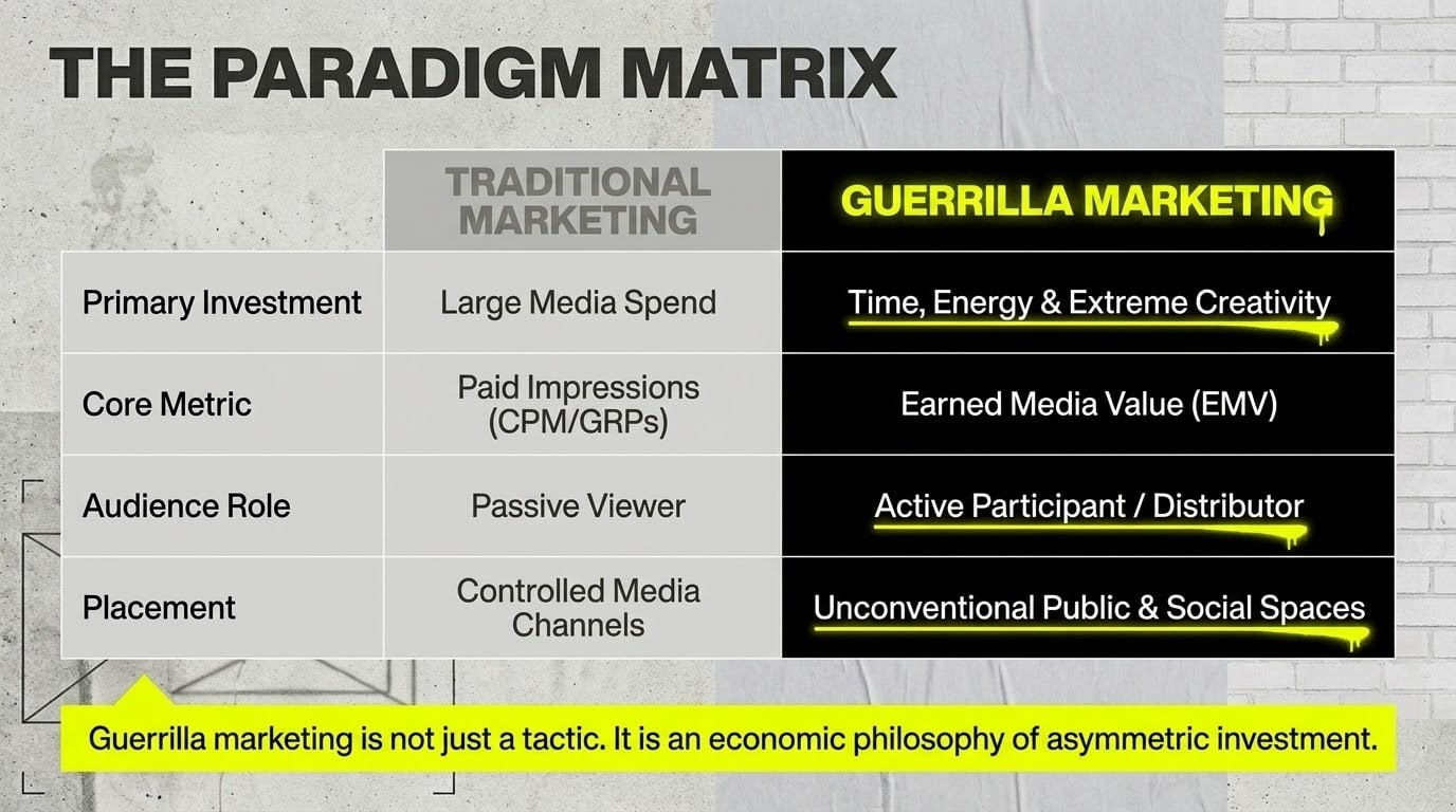 The Paradigm Matrix: Traditional vs guerrilla marketing compared across primary investment, core metric, audience role, and placement.