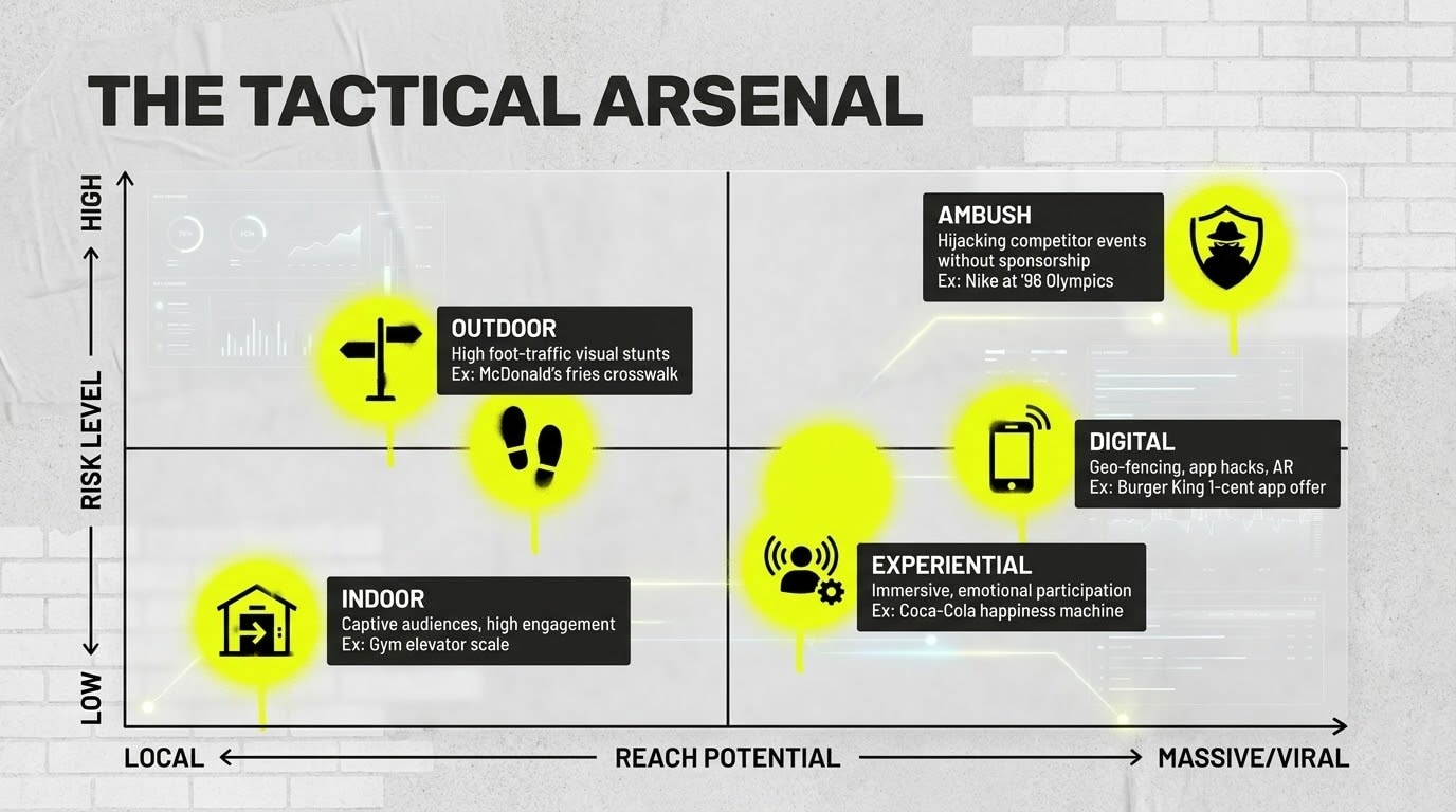 The Tactical Arsenal: four types of guerrilla marketing plotted on risk level vs reach potential. Indoor, outdoor, ambush, experiential, and digital with named examples.