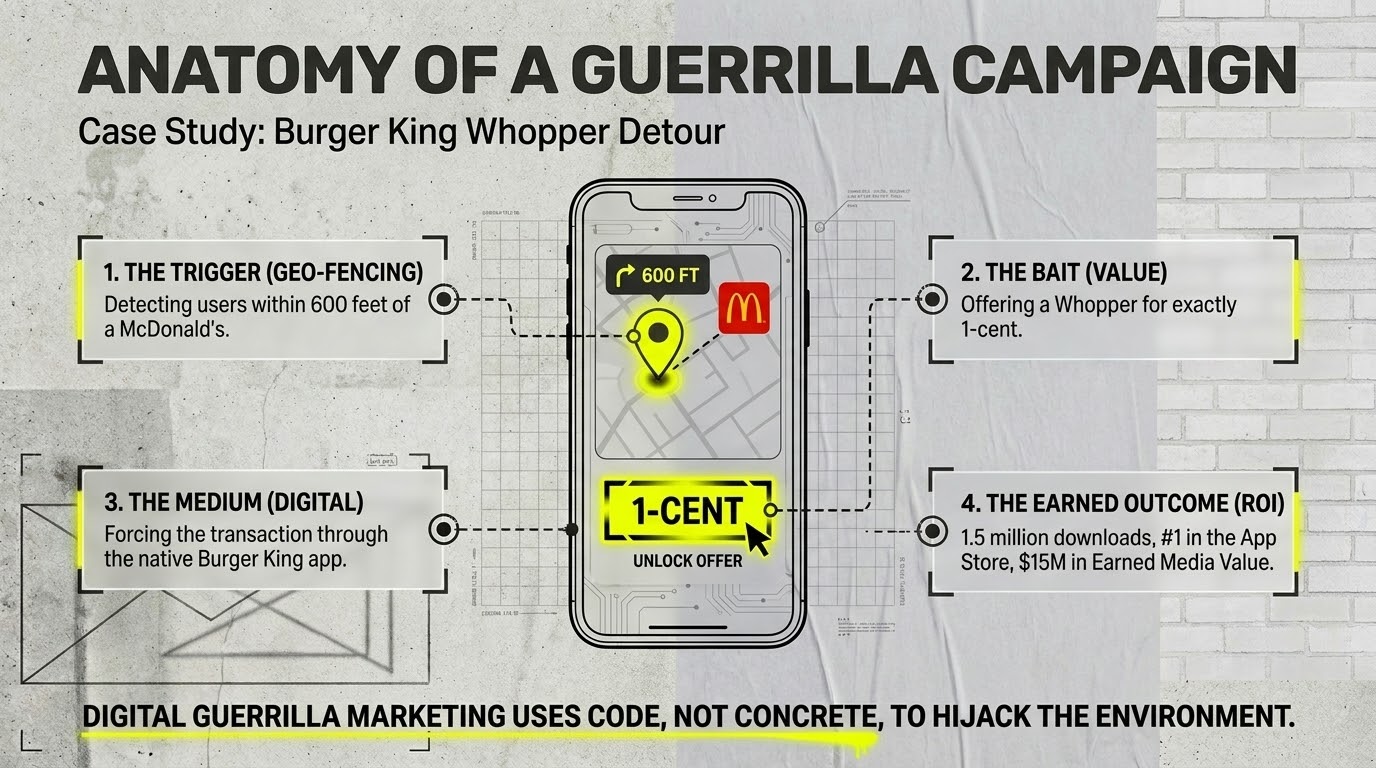 Anatomy of a guerrilla campaign: Burger King Whopper Detour broken into trigger (geo-fencing 600 ft of a McDonald's), bait (1-cent Whopper), medium (Burger King app), and earned outcome (1.5M downloads, #1 App Store, $15M earned media value).