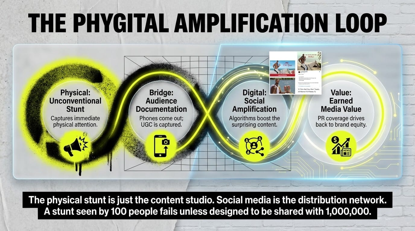 The Phygital Amplification Loop: unconventional physical stunt captures attention, audience documents with phones, social algorithms boost the content, press coverage drives earned media value back to brand equity.
