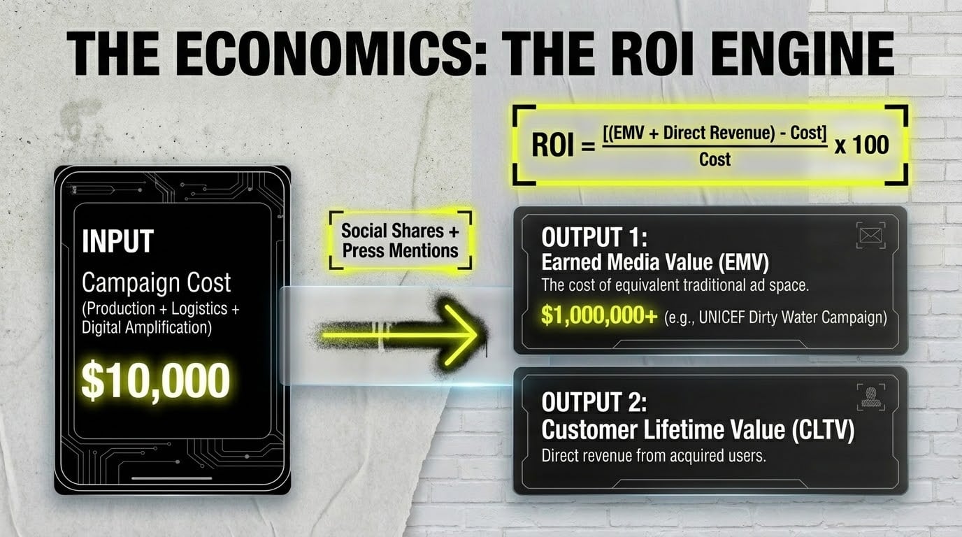 The Economics: The ROI Engine. ROI equals ((EMV plus direct revenue) minus cost) divided by cost times 100. Campaign input $10,000; outputs are earned media value ($1,000,000+) and customer lifetime value from acquired users.
