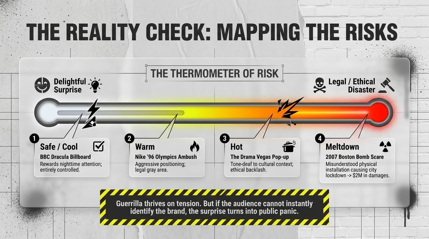 The Reality Check: Mapping the Risks. A thermometer of risk from Safe/Cool (BBC Dracula billboard) to Warm (Nike Olympics ambush) to Hot (Drama Vegas pop-up) to Meltdown (2007 Boston Bomb Scare, $2M damages).