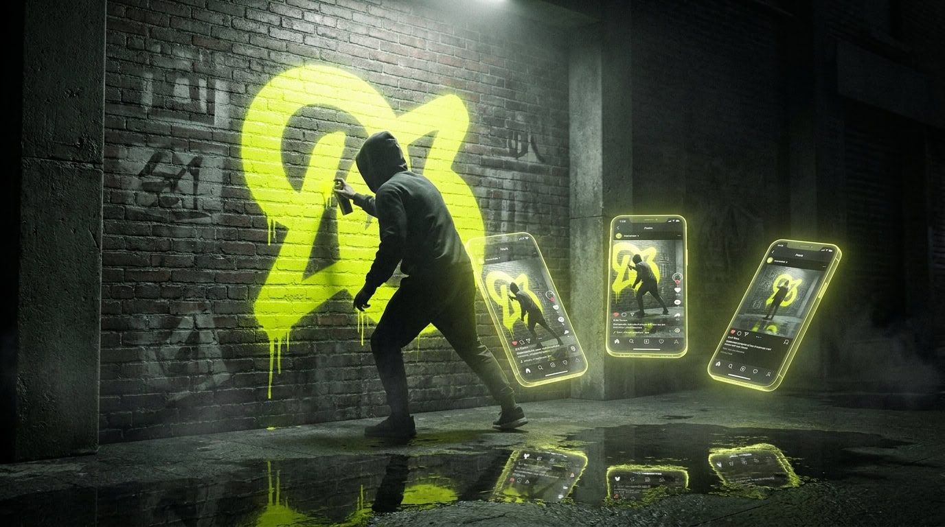 Urban street art mural with bold colors on a brick wall, illustrating the original ambient-media roots of guerrilla marketing.