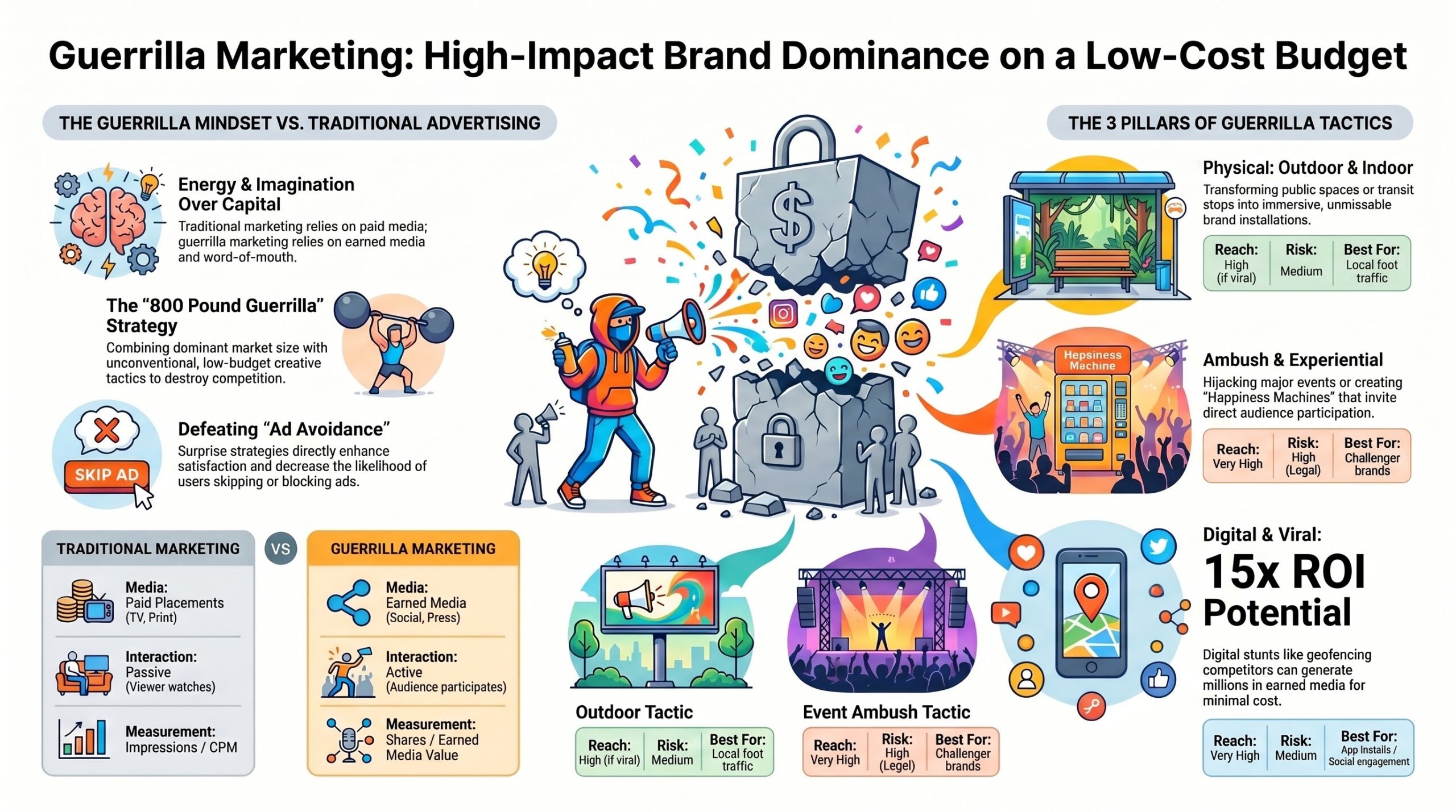 Guerrilla marketing at a glance — a full-page summary of the mindset vs traditional advertising, the three pillars of guerrilla tactics (physical outdoor and indoor, ambush and experiential, digital and viral), and a 15x ROI potential callout. Compares traditional vs guerrilla on media, interaction, and measurement.