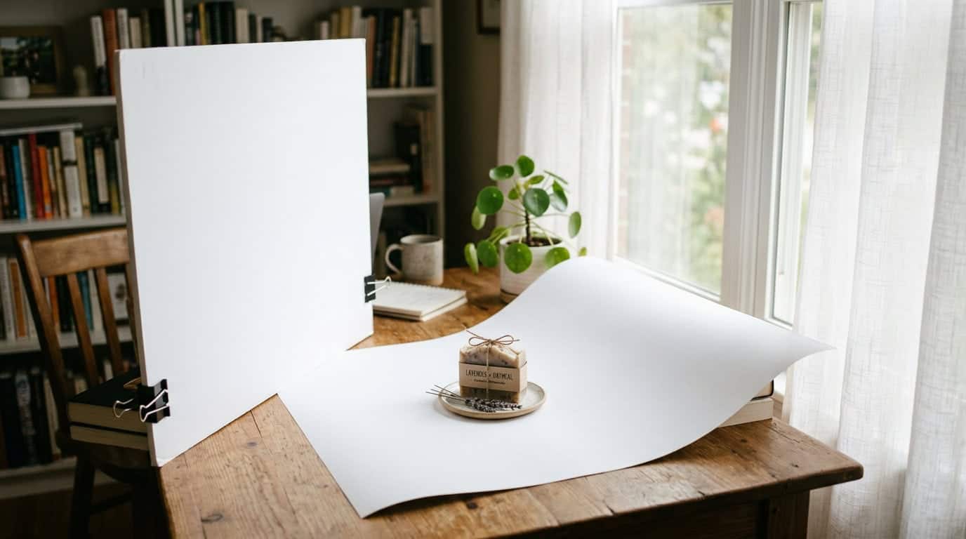 DIY product photography lighting setup showing window light, white foam board reflector, and paper sweep with artisan soap
