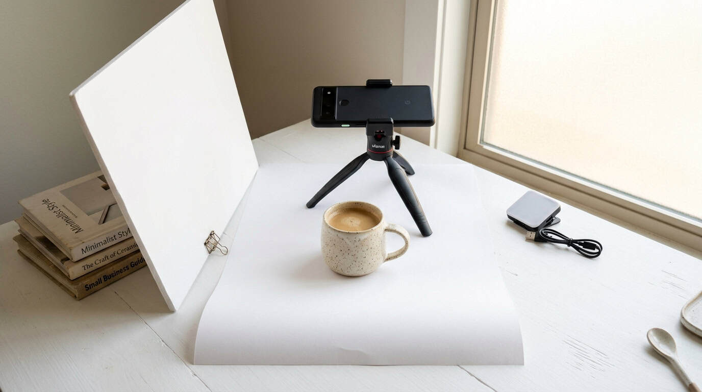 Budget product photography setup with smartphone on tripod, white sweep, and foam board reflector next to a window