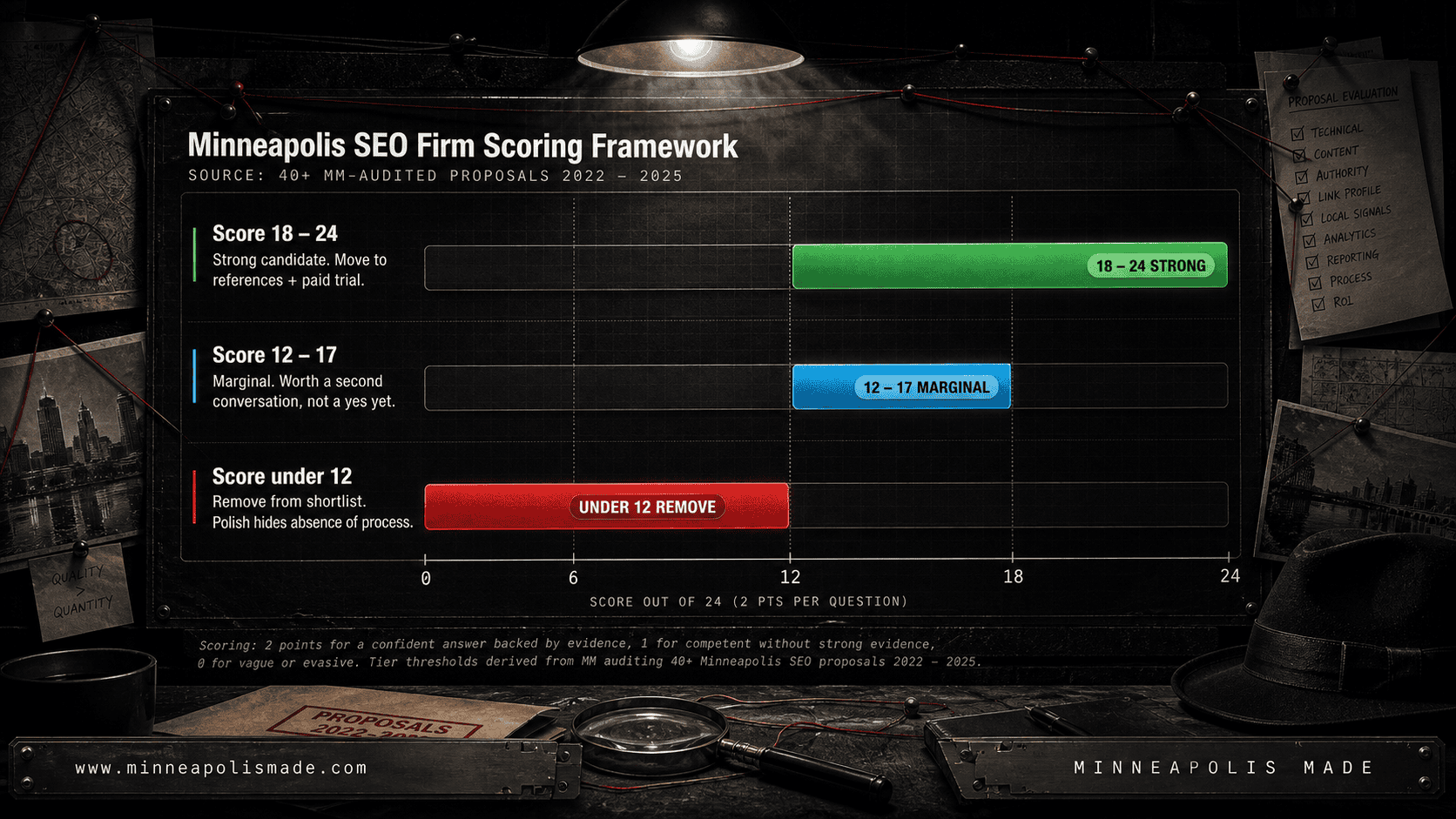 Minneapolis SEO Firm Scoring Framework horizontal scoring chart: under 12 remove from shortlist (red), 12 to 17 marginal worth a second conversation (sky blue), 18 to 24 strong candidate ready for references and paid trial (green). Tier thresholds from 40+ MM-audited proposals 2022 to 2025.