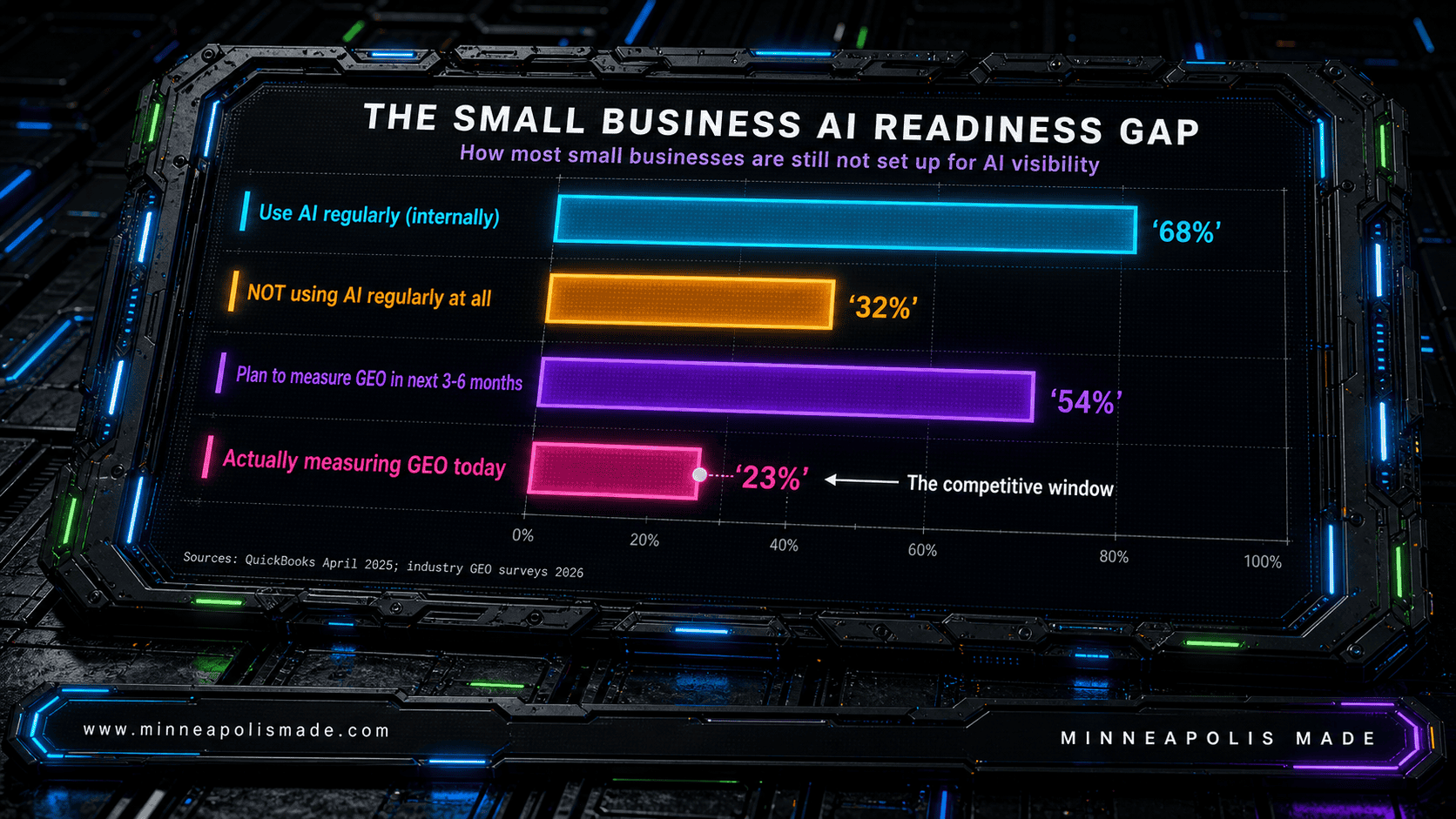 The Small Business AI Readiness Gap — horizontal bar chart: 68% of small businesses use AI regularly internally, 32% don't, 54% plan to measure GEO in 3-6 months, only 23% measure GEO today — that 23% is the competitive window
