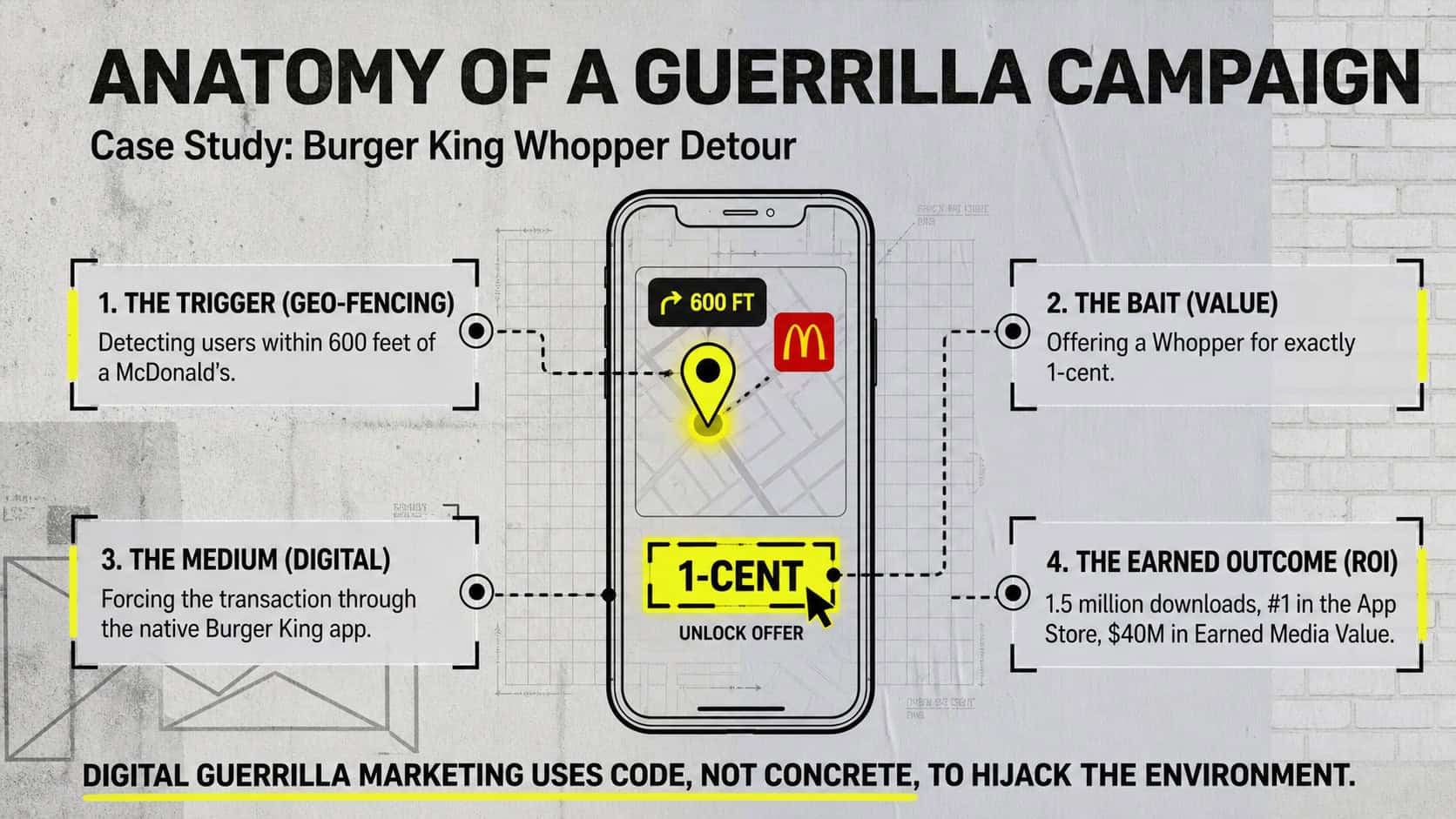 Anatomy of a guerrilla campaign: Burger King Whopper Detour broken into trigger (geo-fencing 600 ft of a McDonald's), bait (1-cent Whopper), medium (Burger King app), and earned outcome (1.5M downloads, #1 App Store, $40M in earned media value).