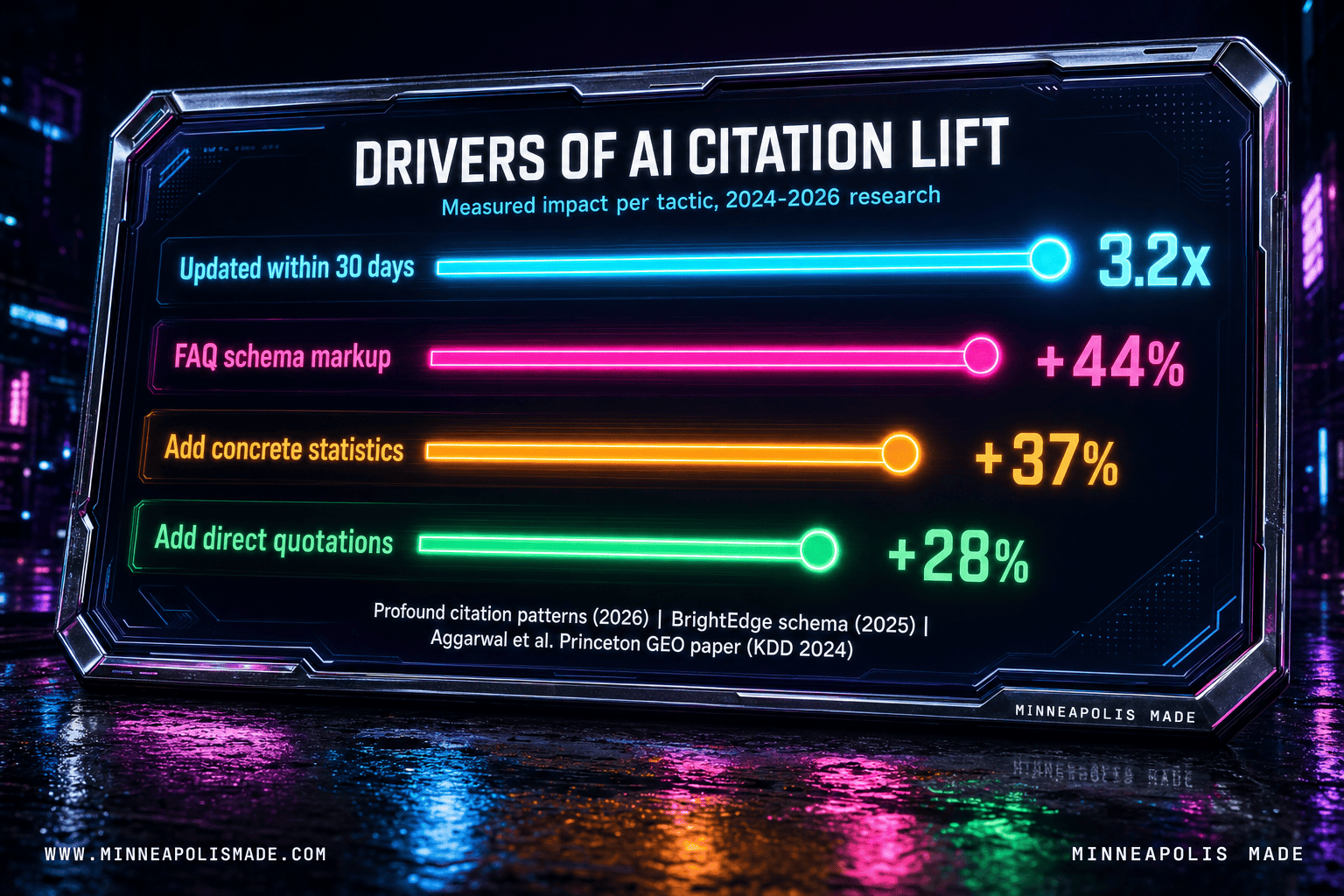 Horizontal bar chart of measured AI citation lift drivers: pages updated within 30 days earn 3.2x more citations (Profound), FAQ schema markup delivers a 44% lift (BrightEdge), and adding concrete statistics or direct quotations delivers 28-37% lifts per the Princeton GEO study (Aggarwal et al., KDD 2024).