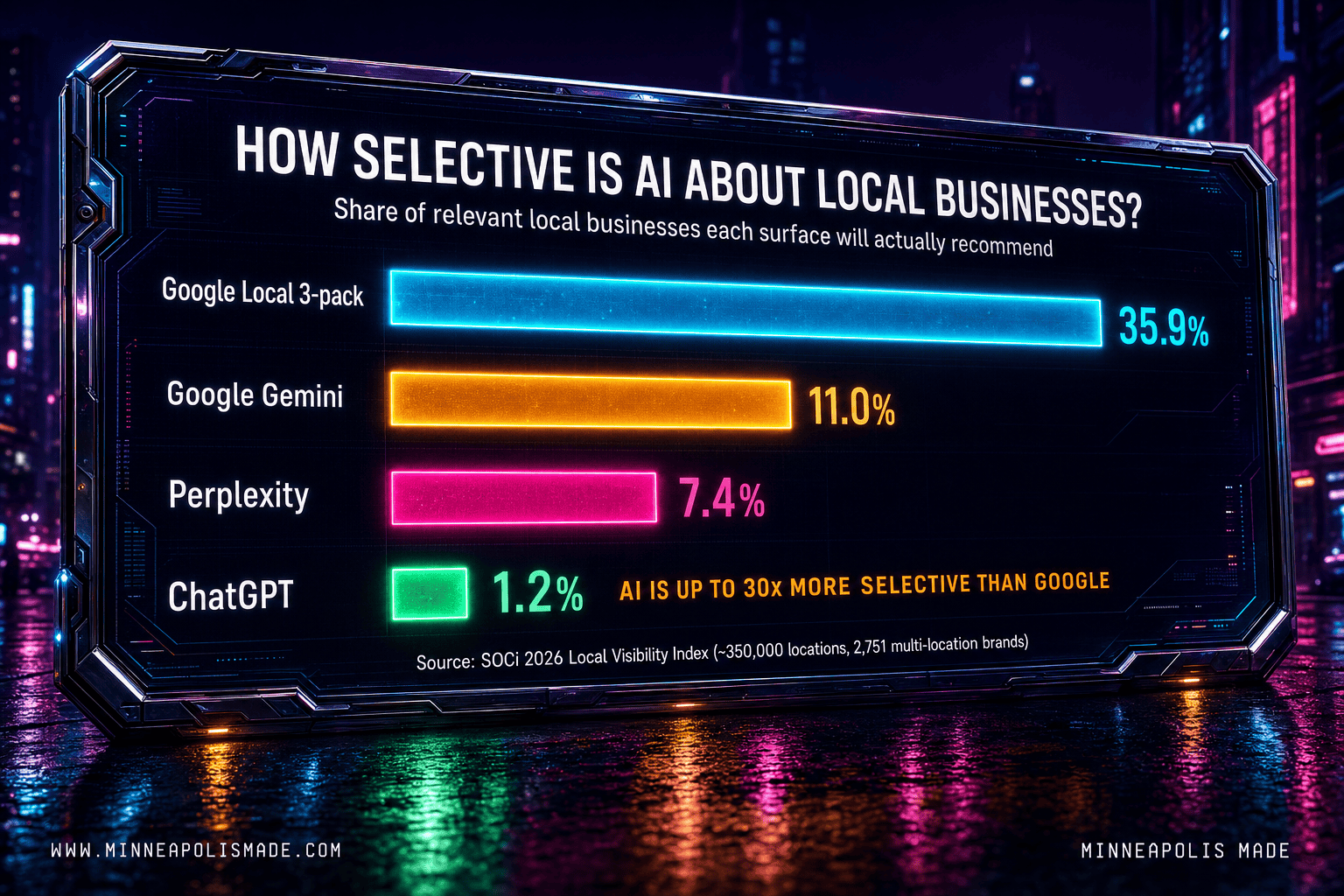 Horizontal bar chart from the SOCi 2026 Local Visibility Index showing how selective AI is about recommending local businesses: Google Local 3-pack recommends 35.9% of relevant local businesses, Gemini 11%, Perplexity 7.4%, ChatGPT just 1.2% — AI is up to 30x more selective than Google.