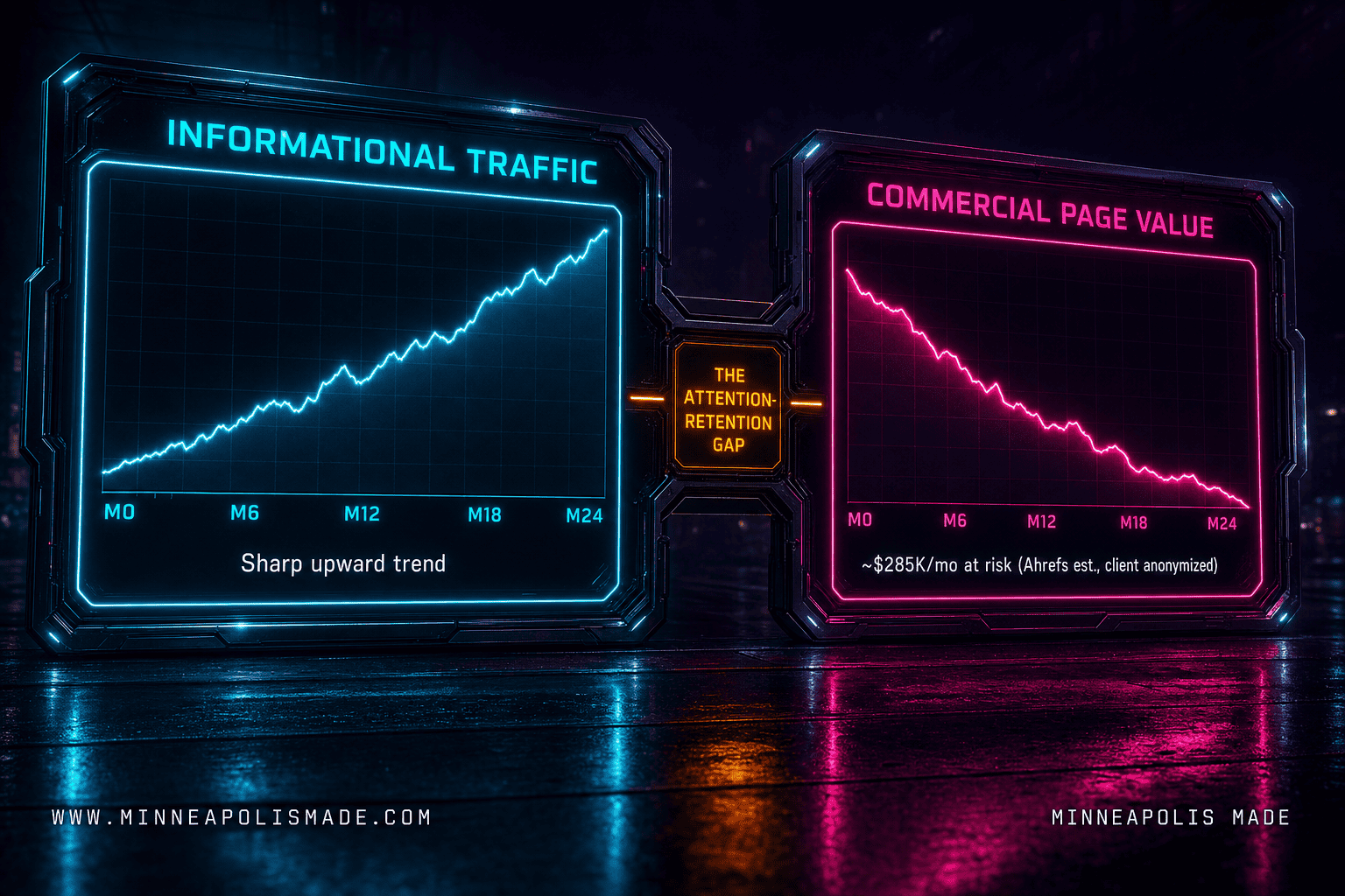 Divergent dashboard chart visualizing the attention-retention gap on a personal injury firm engagement: informational traffic trending sharply up over 24 months while commercial page value trends down, with ~$285K/mo at risk per Ahrefs Site Explorer estimate (client anonymized).