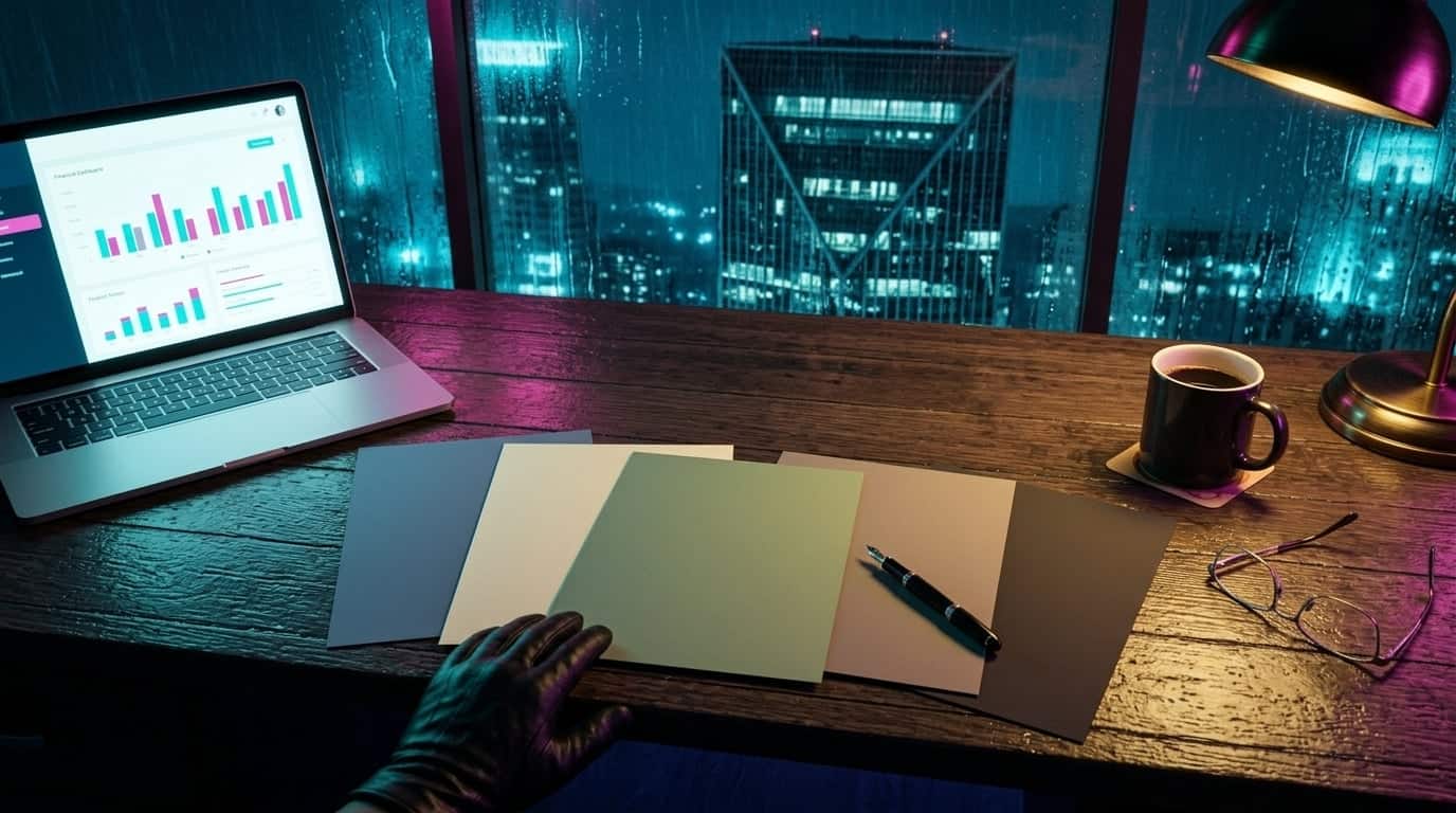 Late-night desk with agency one-pagers fanned, laptop budget dashboard, coffee, and IDS Center skyline through rainy glass.